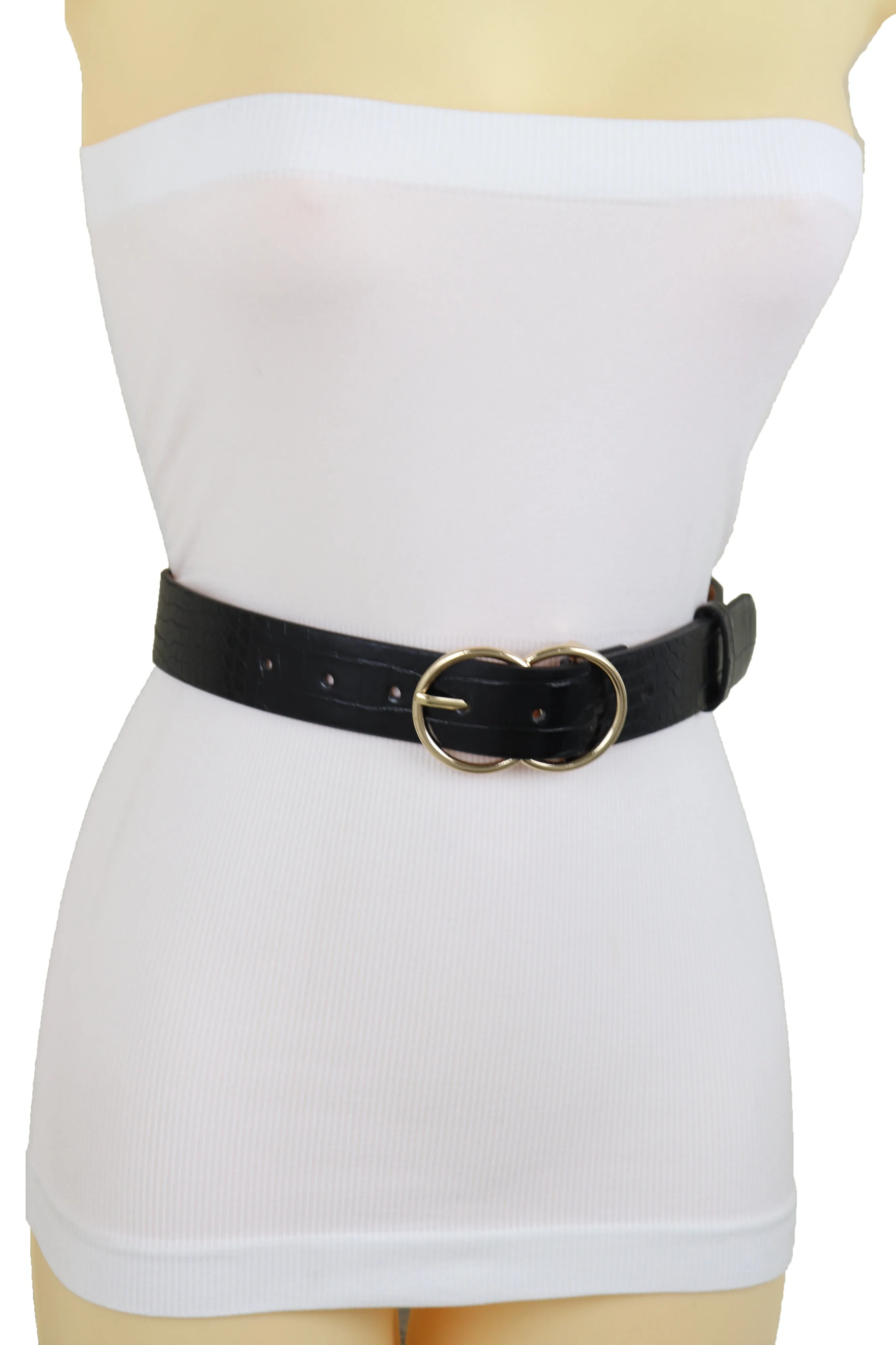 Belt Black Faux Leather Crocodile Stamp Gold Metal Circle Buckle Size M L