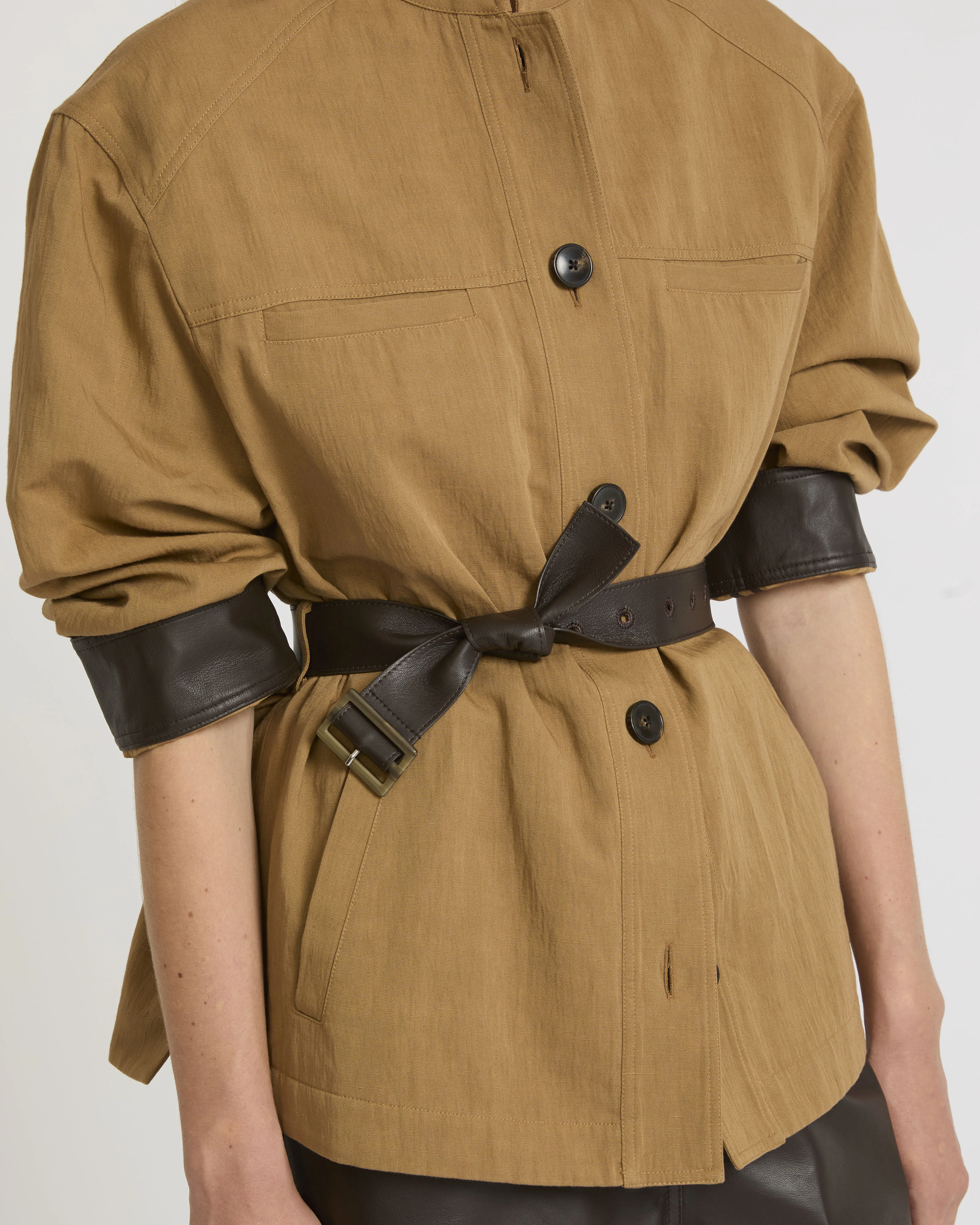 Belted jacket in cotton-linen fabric