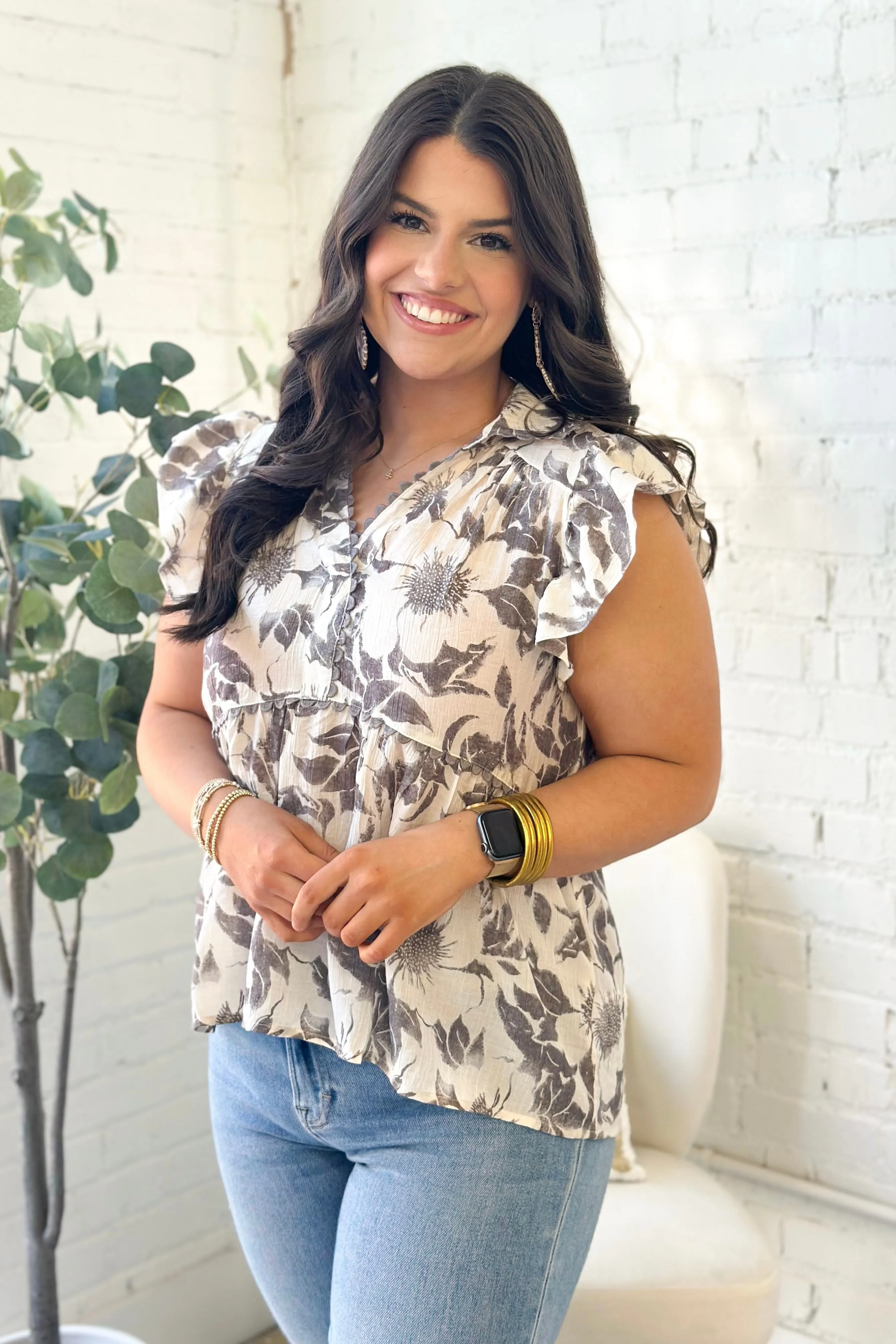 Black Floral Print Scalloped Detail Top
