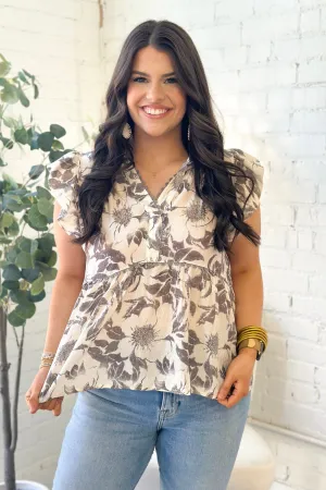 Black Floral Print Scalloped Detail Top