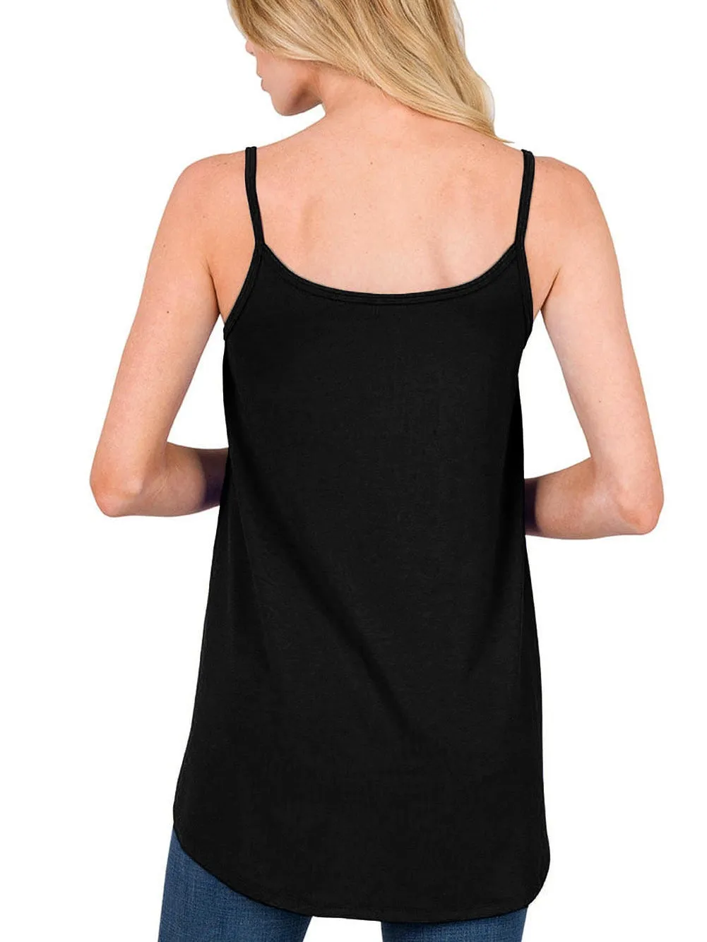 Black Flowy V-Neck Tank Top with Spaghetti Straps From MsDressly