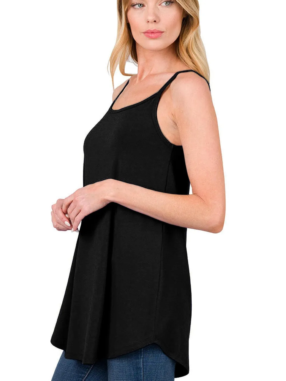 Black Flowy V-Neck Tank Top with Spaghetti Straps From MsDressly