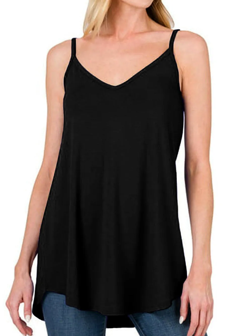 Black Flowy V-Neck Tank Top with Spaghetti Straps From MsDressly