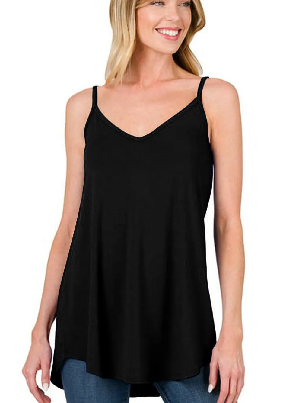 Black Flowy V-Neck Tank Top with Spaghetti Straps From MsDressly