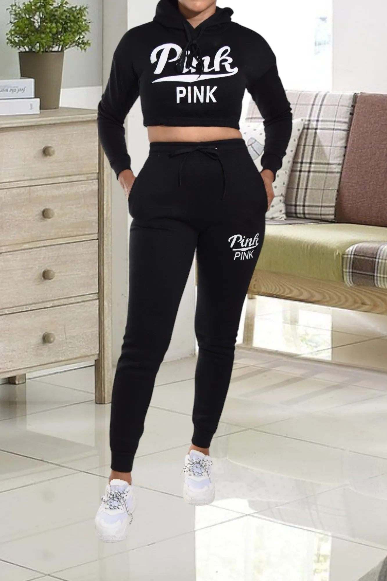 Black Printed Crop Fleece Tracksuit Set