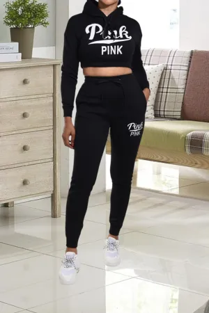 Black Printed Crop Fleece Tracksuit Set