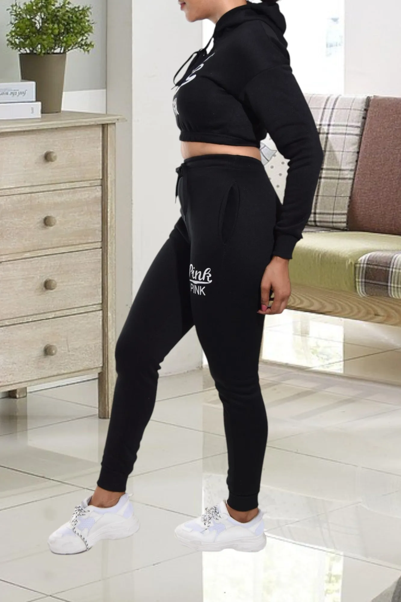 Black Printed Crop Fleece Tracksuit Set