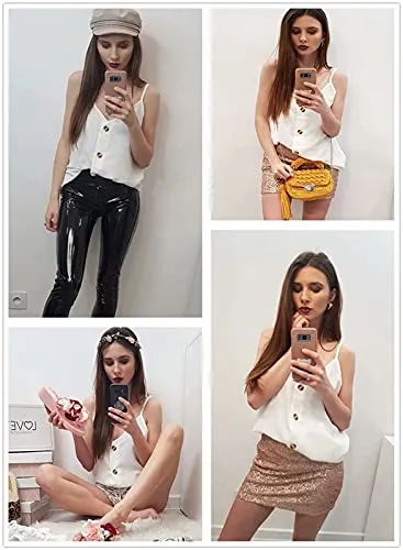 BLENCOT V Neck Button Up Tank Top
