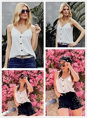 BLENCOT V Neck Button Up Tank Top