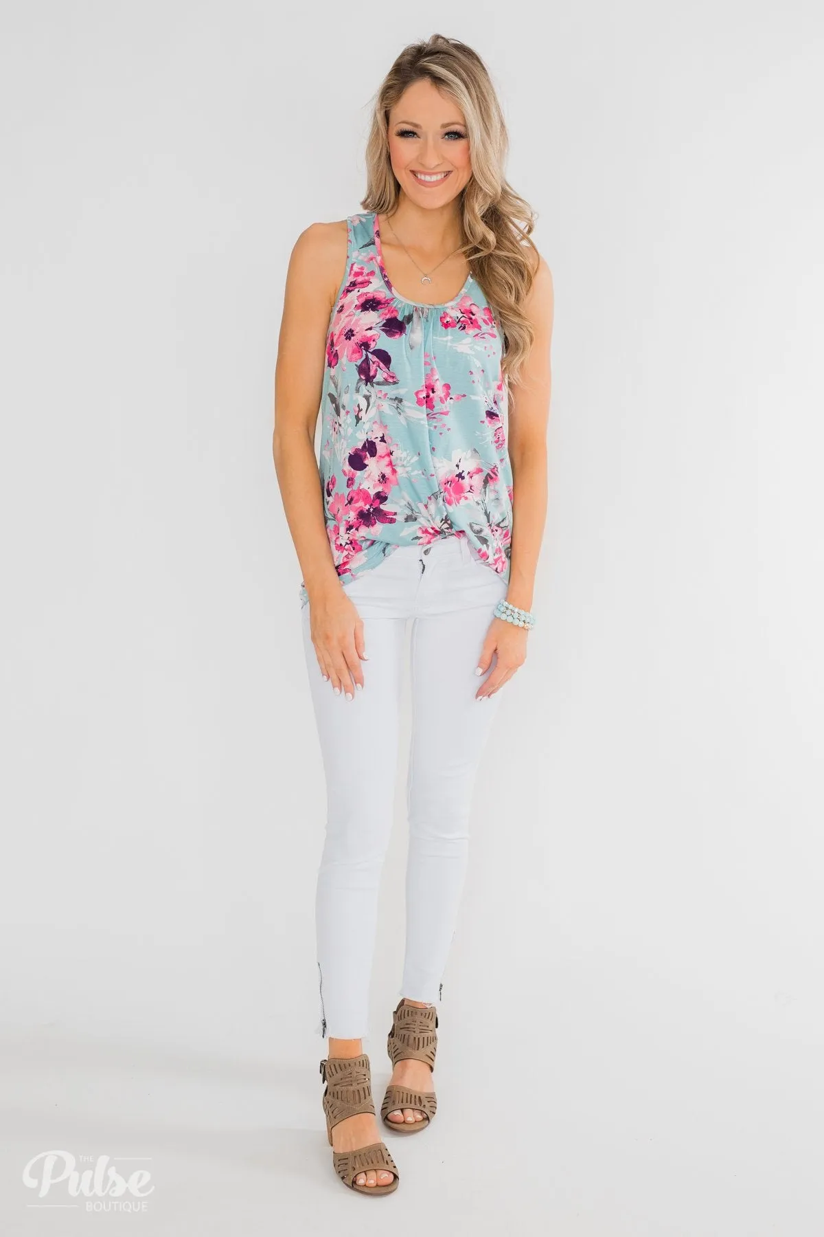 Blossom Into Love Floral Racerback Tank- Sky Blue