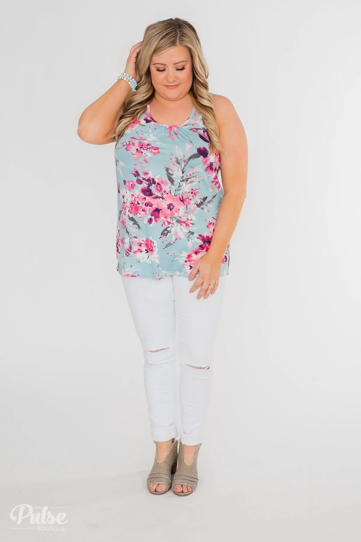Blossom Into Love Floral Racerback Tank- Sky Blue