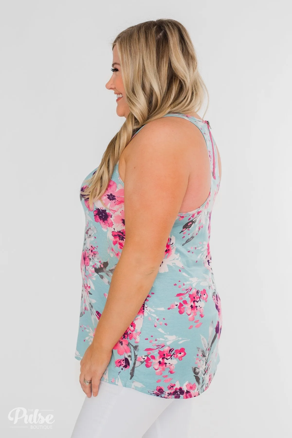 Blossom Into Love Floral Racerback Tank- Sky Blue