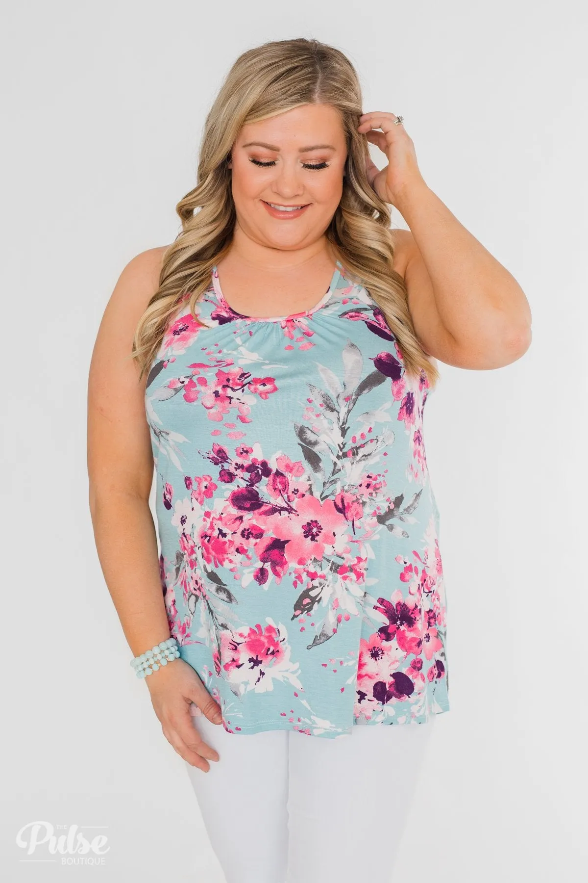 Blossom Into Love Floral Racerback Tank- Sky Blue