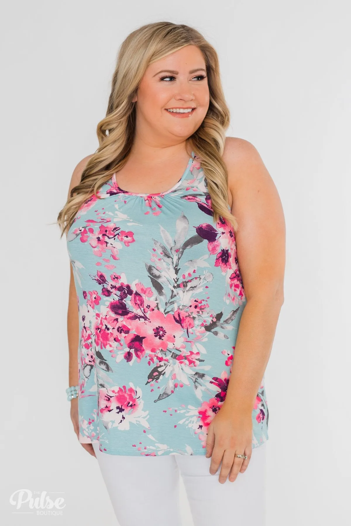 Blossom Into Love Floral Racerback Tank- Sky Blue