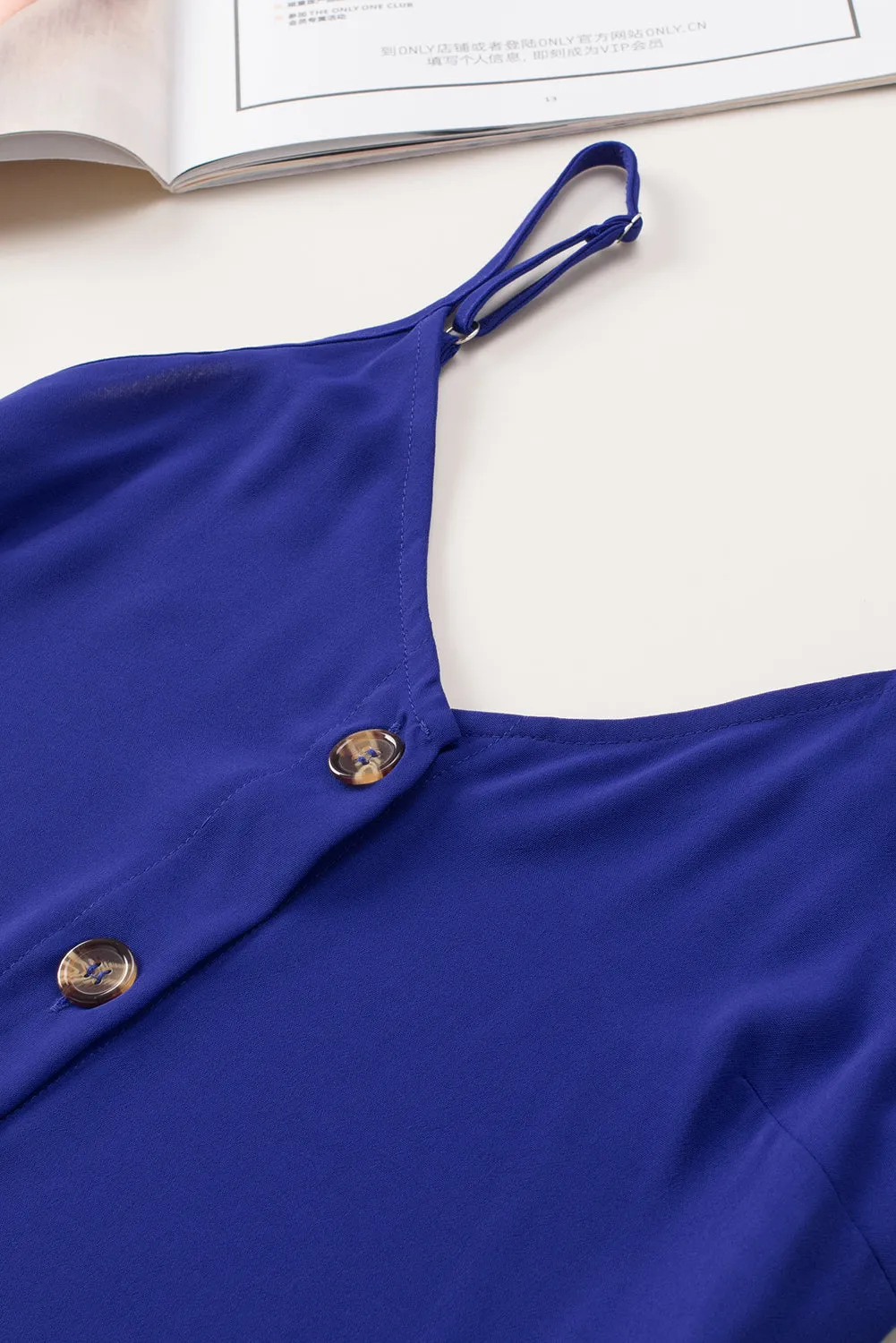 Blue Spaghetti Strap Buttoned Tank Top