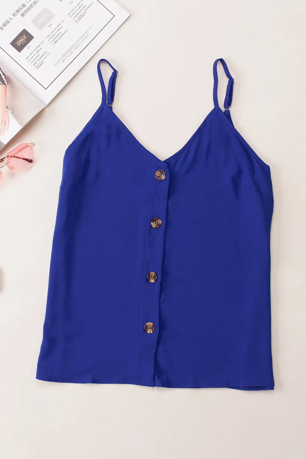 Blue Spaghetti Strap Buttoned Tank Top