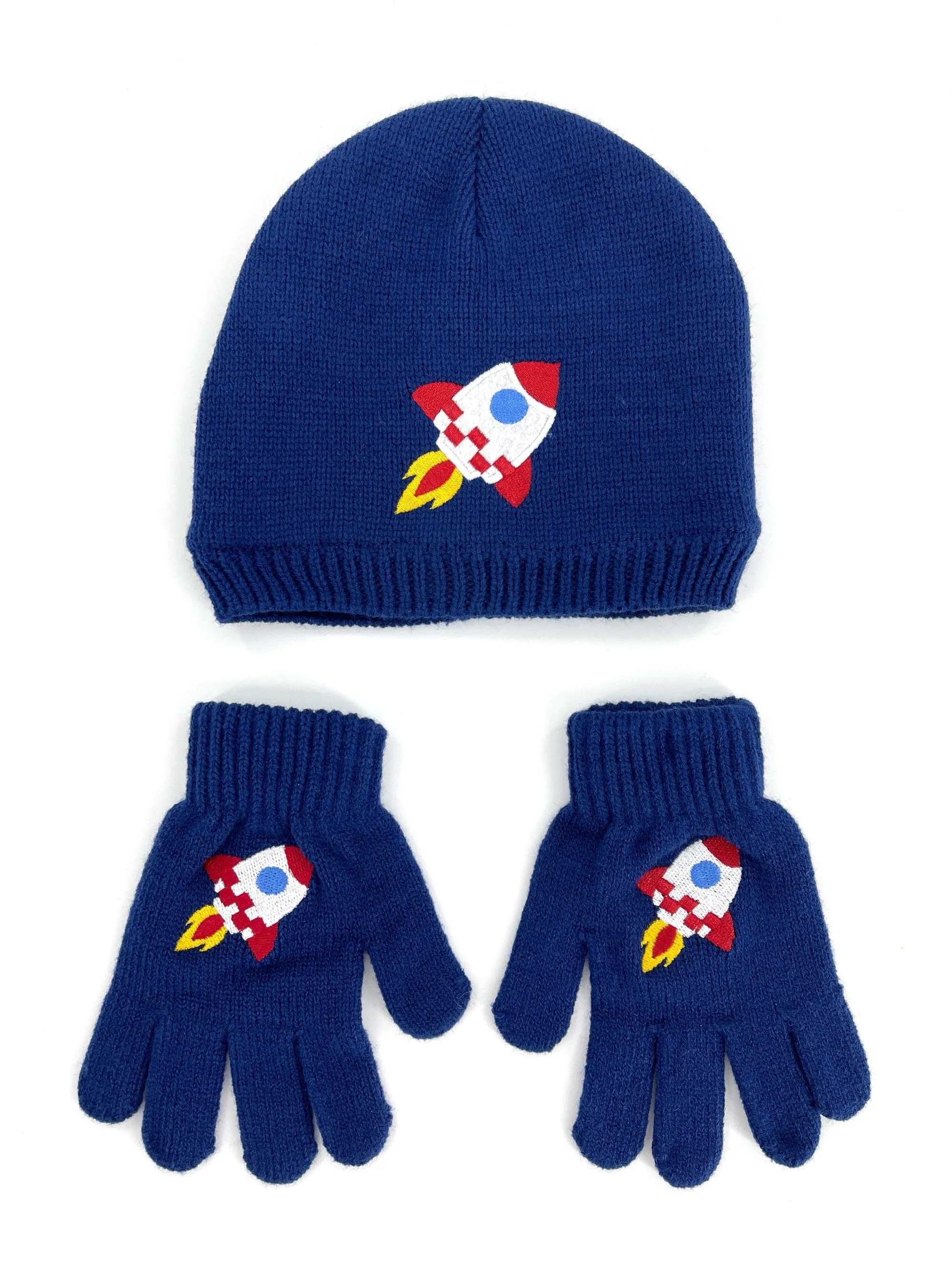 Boys Hat & Gloves Set Rocket Design Blue Knitted Fleece-Lined Hat Thermal Gloves