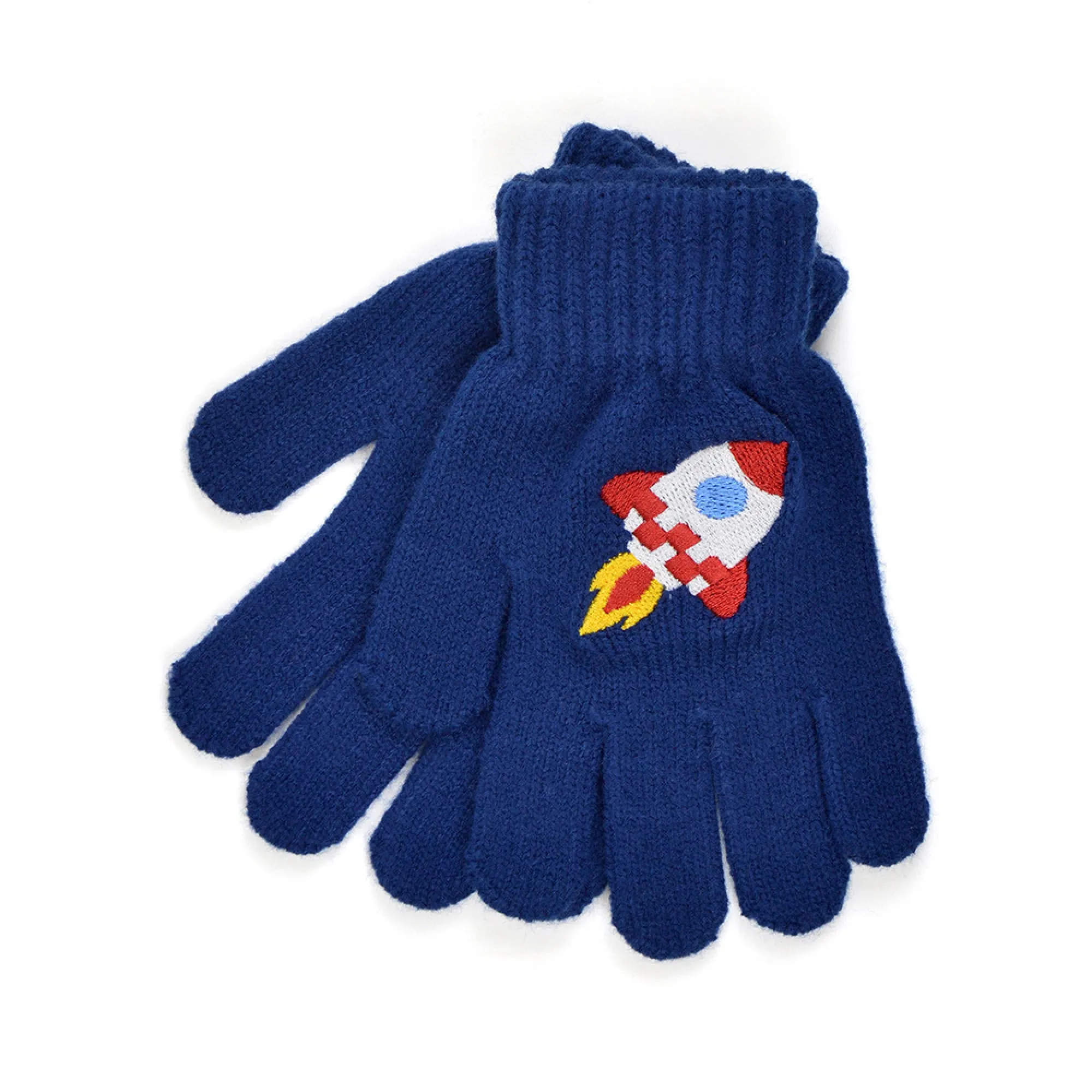 Boys Hat & Gloves Set Rocket Design Blue Knitted Fleece-Lined Hat Thermal Gloves