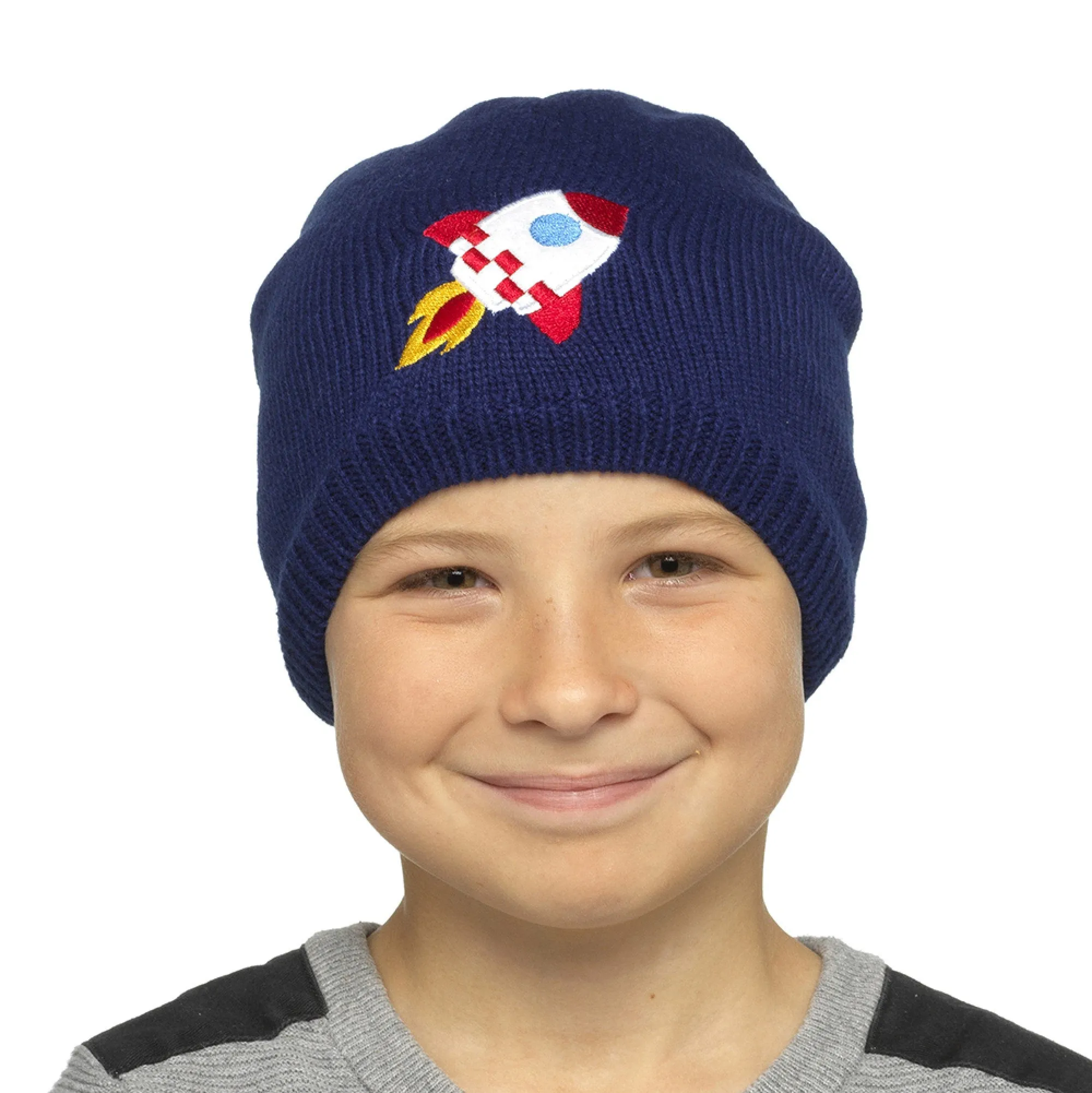 Boys Hat & Gloves Set Rocket Design Blue Knitted Fleece-Lined Hat Thermal Gloves