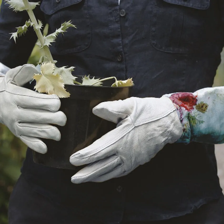Bradley's Tannery Blue Floral English Leather & Linen Gardening Gloves – Small