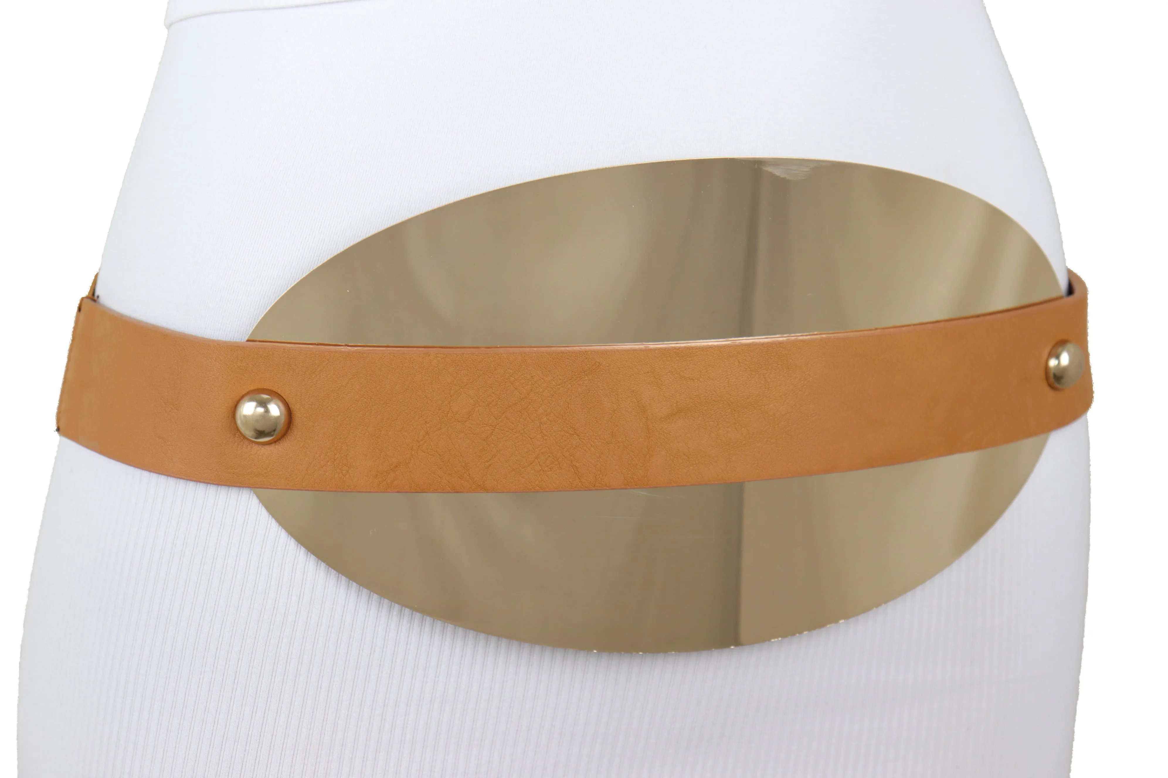 Brown Elastic Band Wide Belt Hip High Waist Oval Gold Metal Plate Size S M