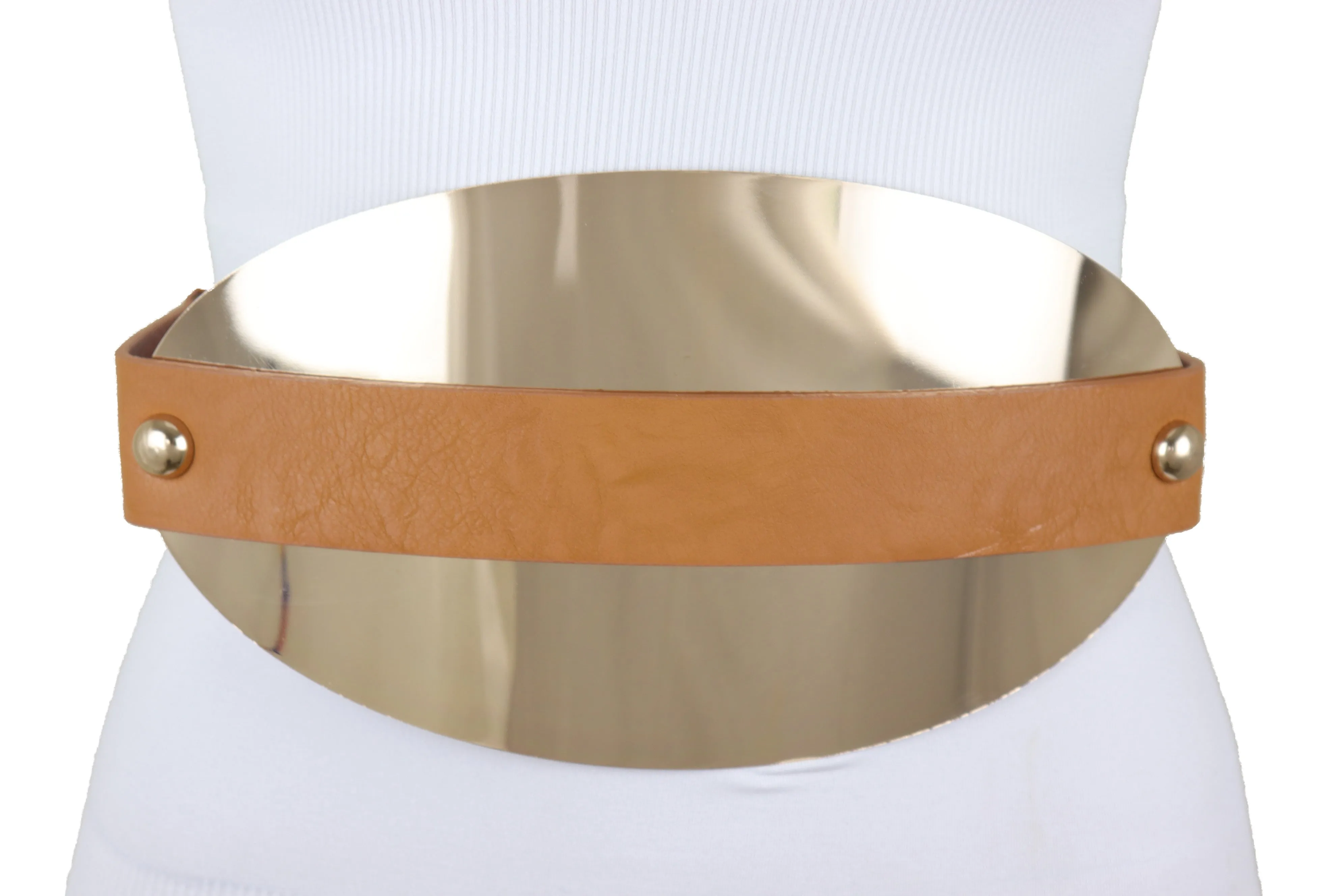 Brown Elastic Band Wide Belt Hip High Waist Oval Gold Metal Plate Size S M