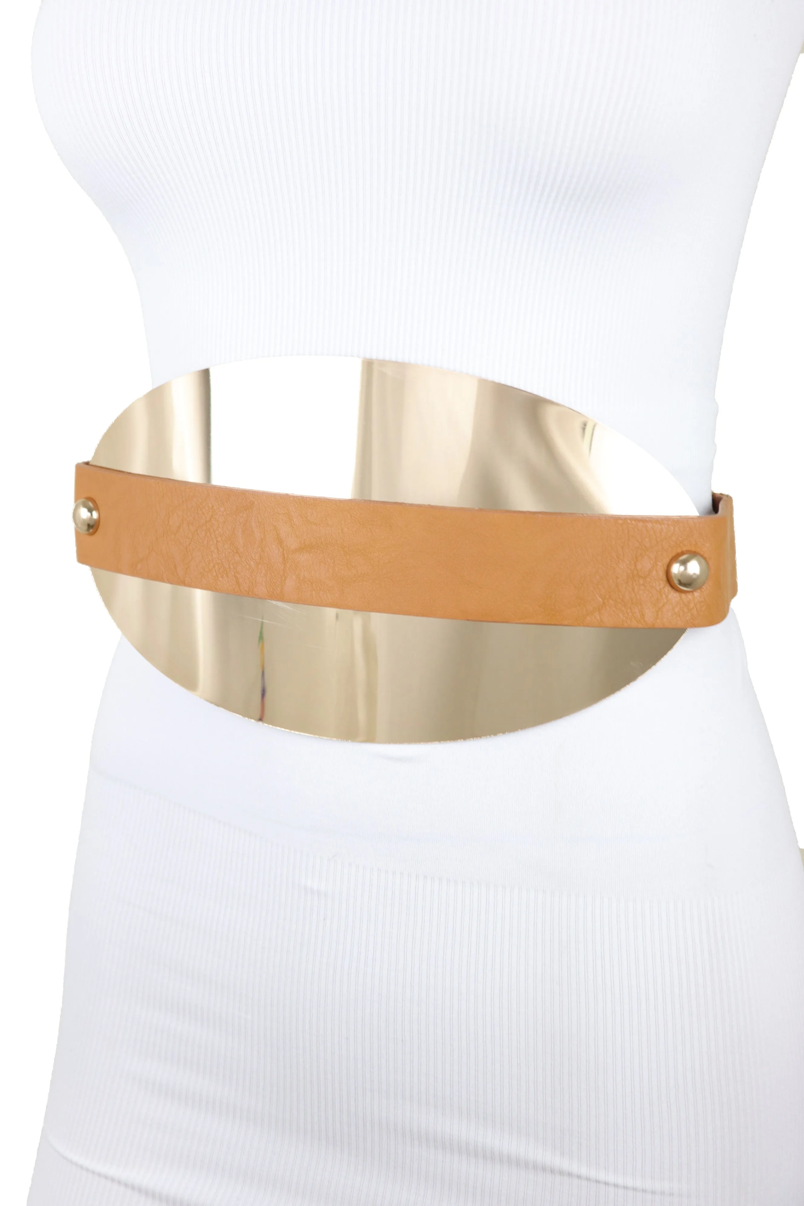 Brown Elastic Band Wide Belt Hip High Waist Oval Gold Metal Plate Size S M