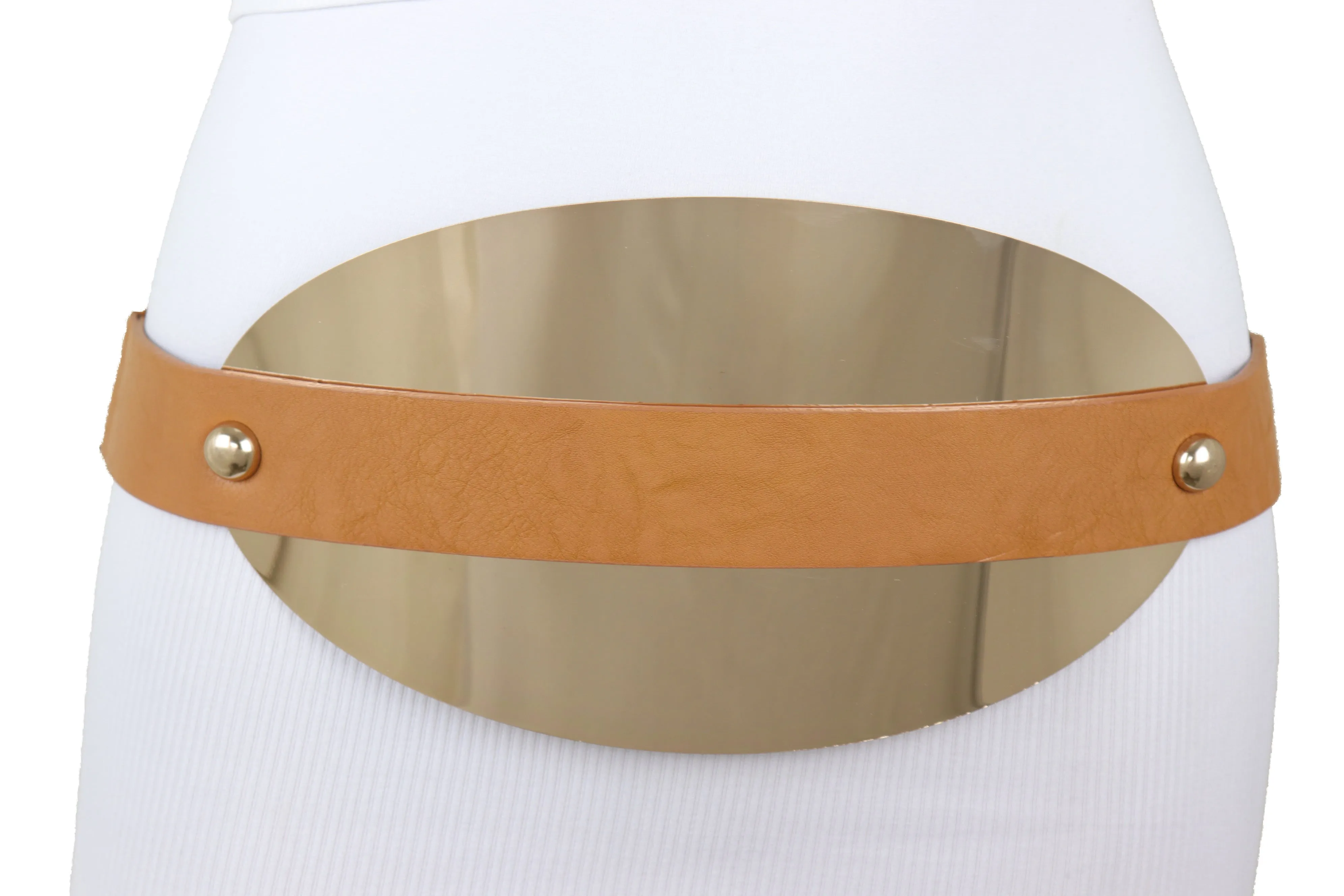 Brown Elastic Band Wide Belt Hip High Waist Oval Gold Metal Plate Size S M