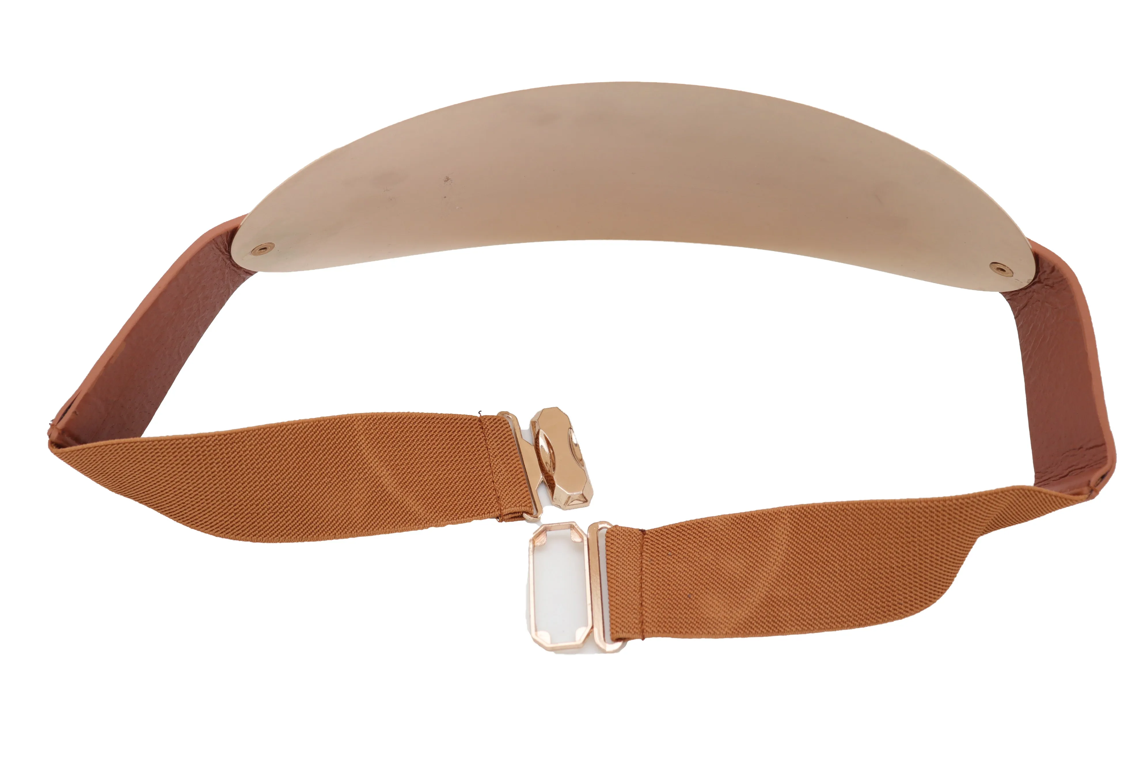 Brown Elastic Band Wide Belt Hip High Waist Oval Gold Metal Plate Size S M