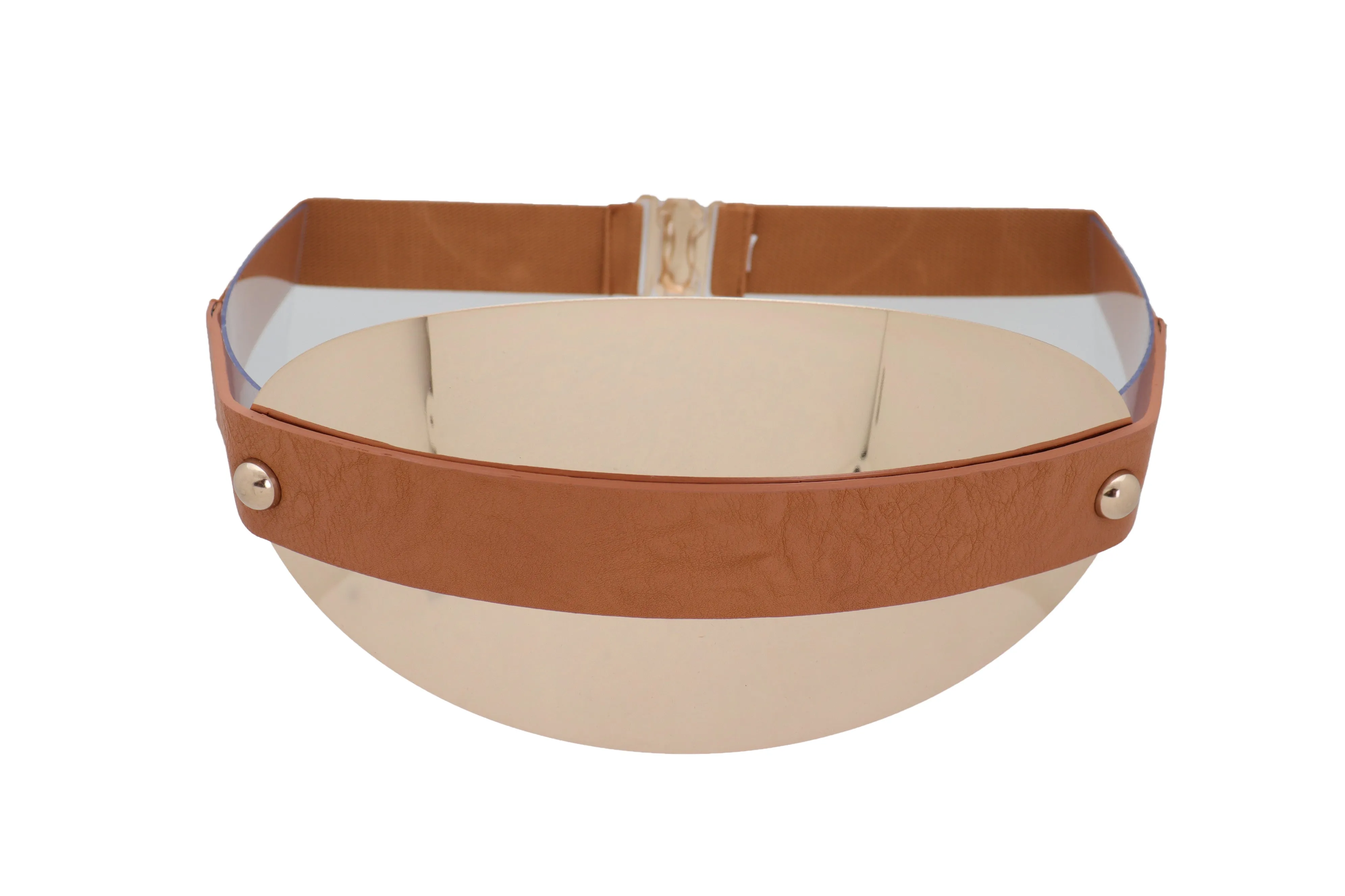 Brown Elastic Band Wide Belt Hip High Waist Oval Gold Metal Plate Size S M