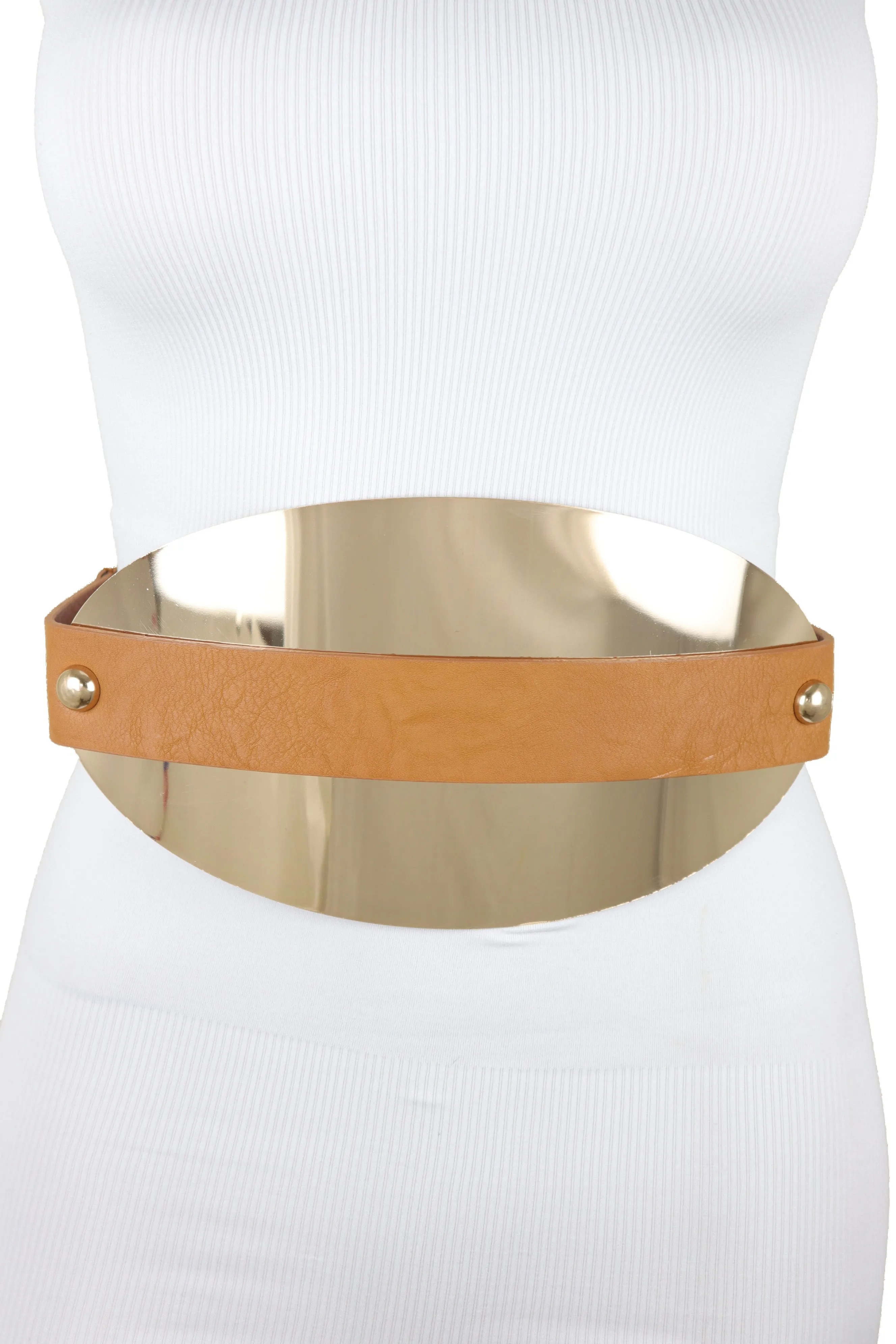 Brown Elastic Band Wide Belt Hip High Waist Oval Gold Metal Plate Size S M