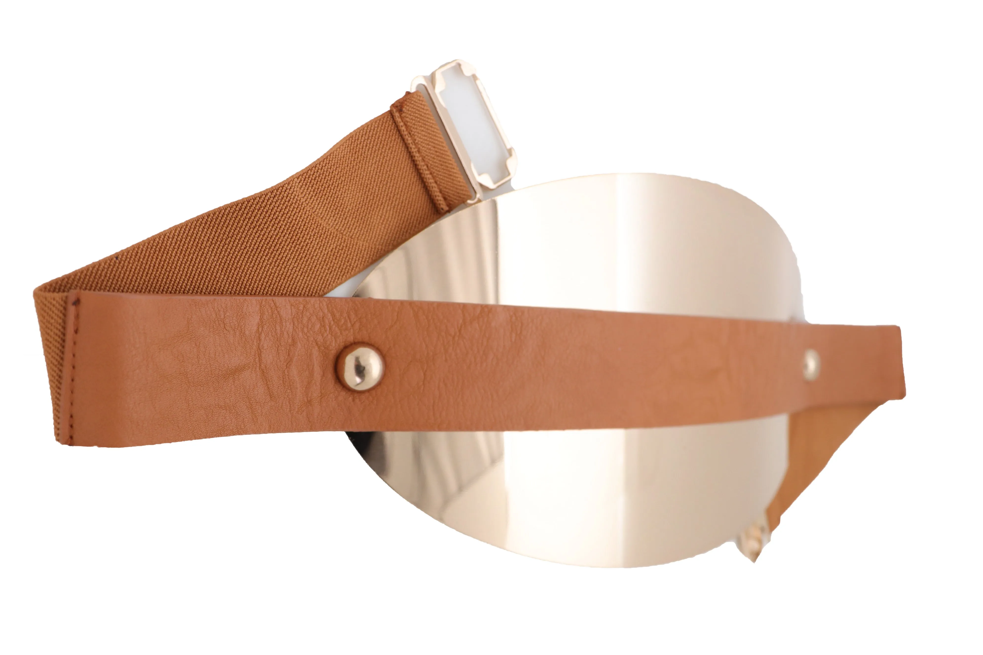 Brown Elastic Band Wide Belt Hip High Waist Oval Gold Metal Plate Size S M