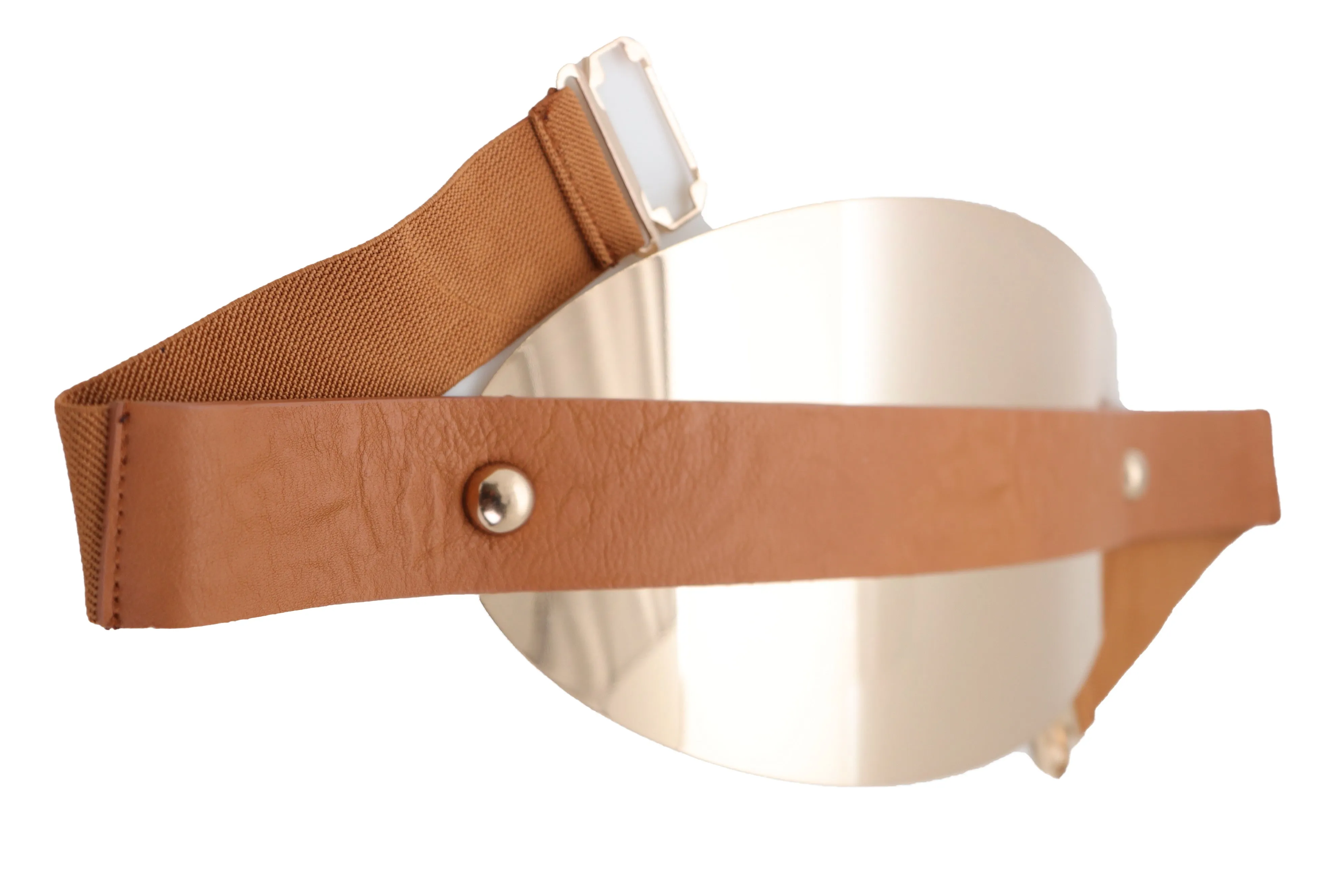 Brown Elastic Band Wide Belt Hip High Waist Oval Gold Metal Plate Size S M