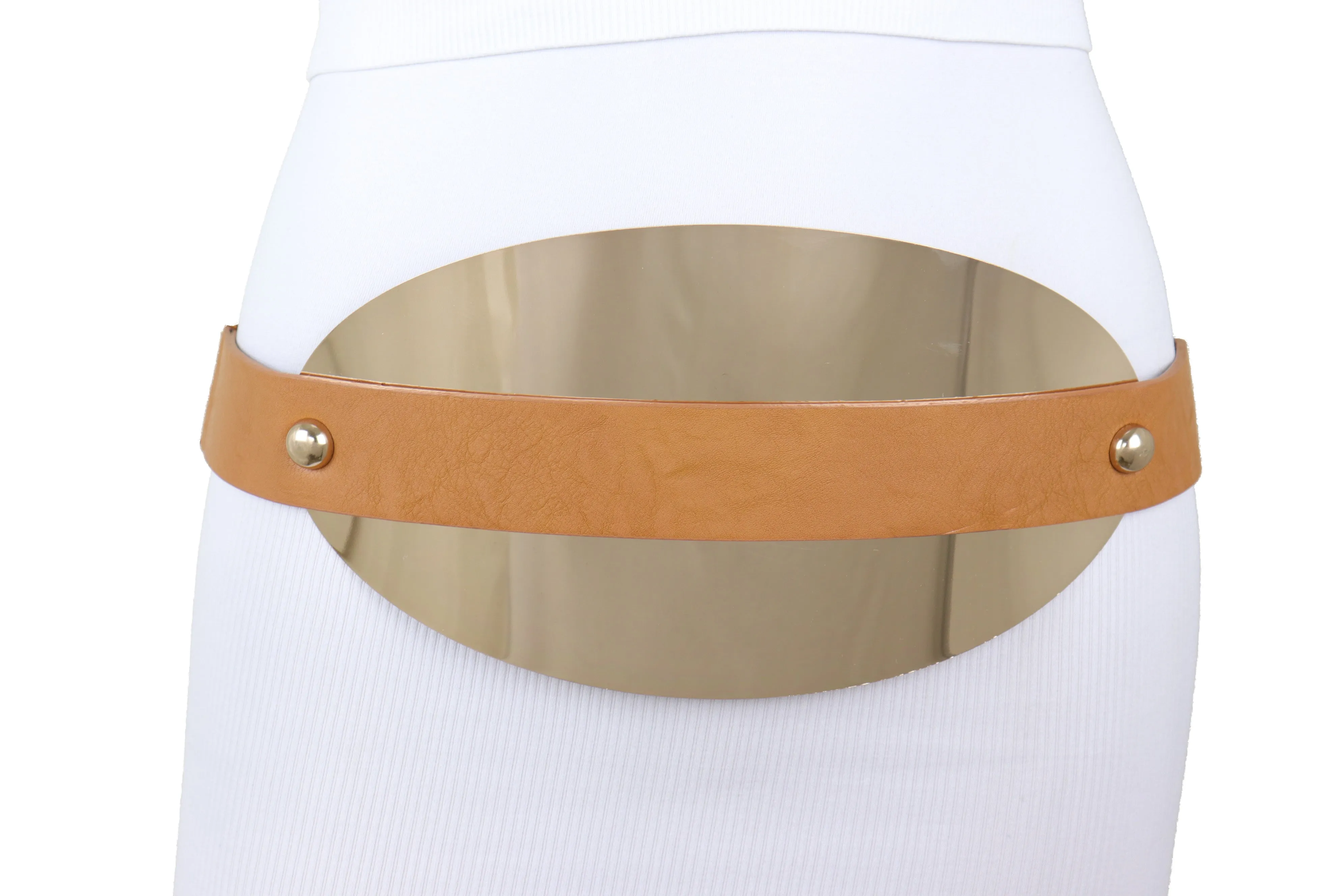 Brown Elastic Band Wide Belt Hip High Waist Oval Gold Metal Plate Size S M
