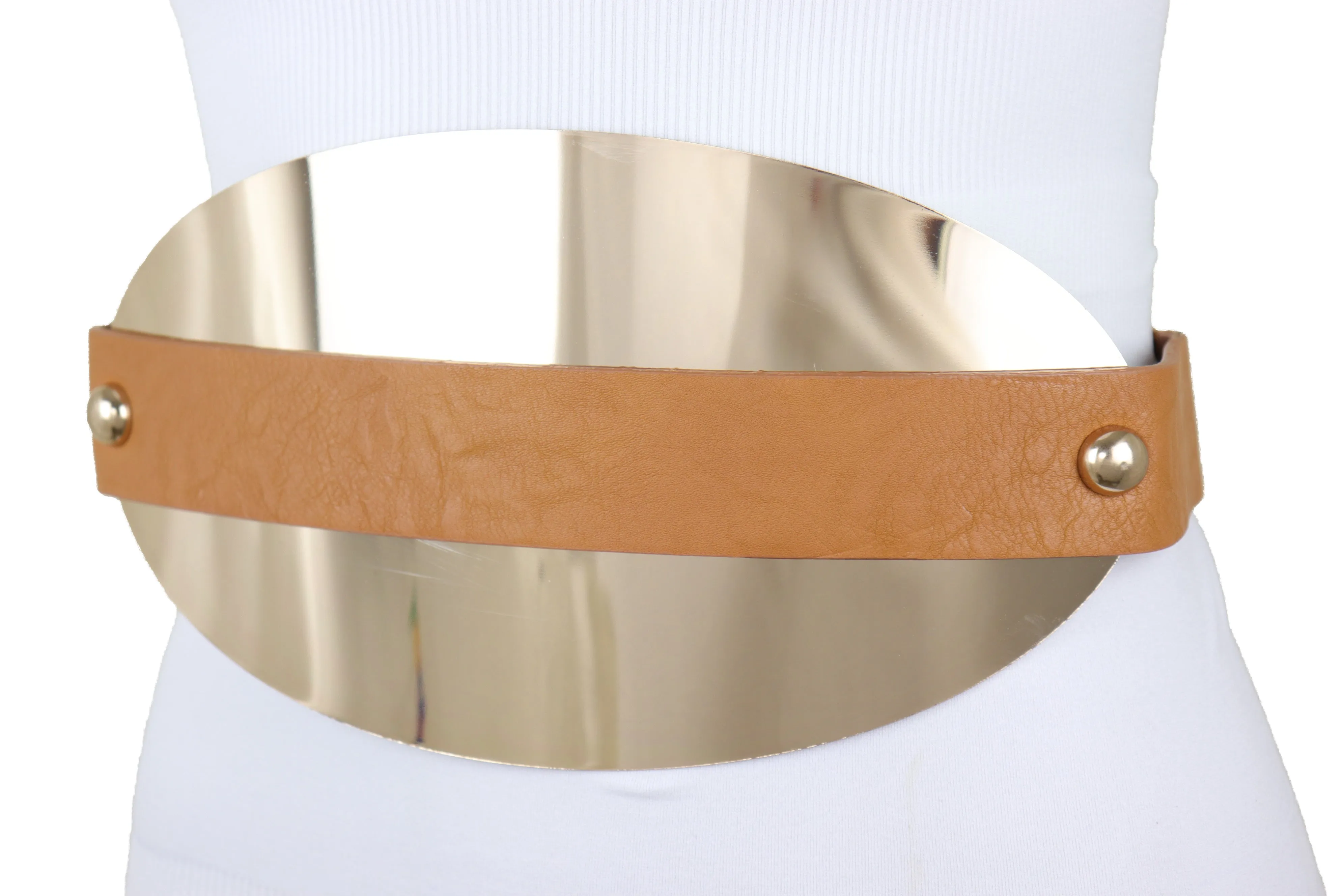 Brown Elastic Band Wide Belt Hip High Waist Oval Gold Metal Plate Size S M