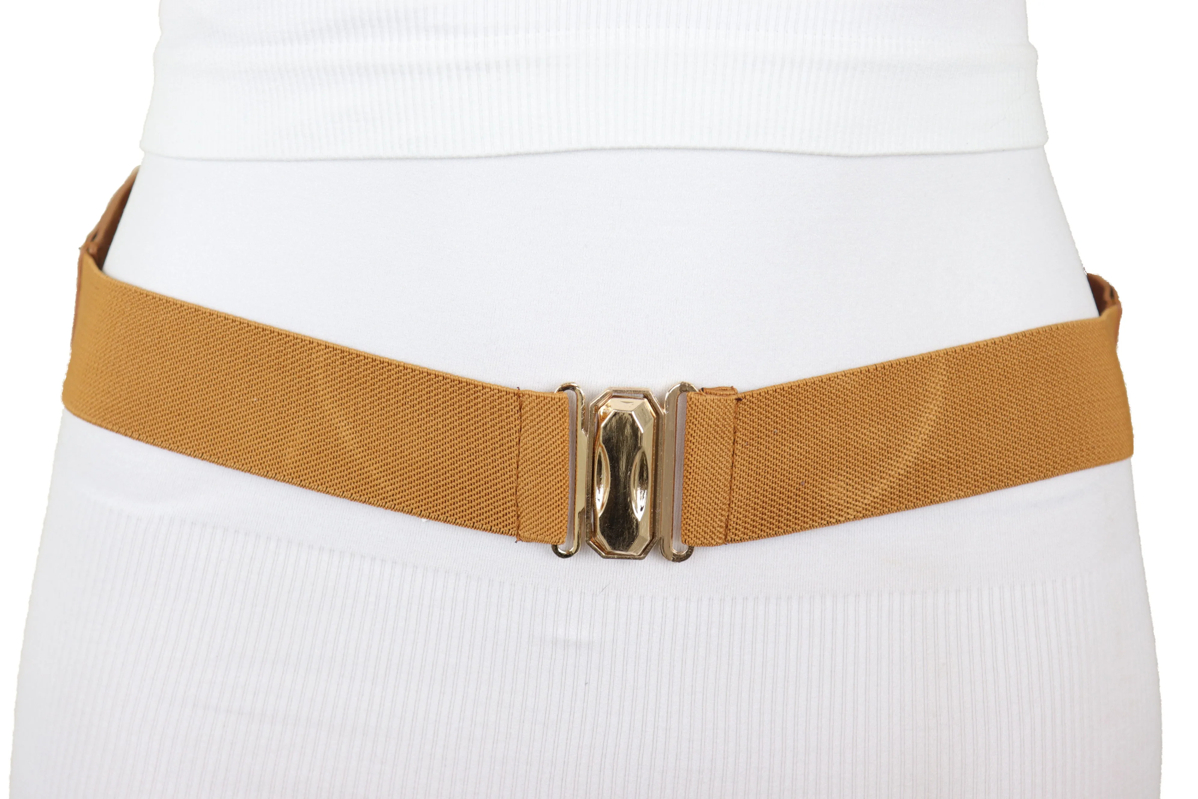 Brown Elastic Band Wide Belt Hip High Waist Oval Gold Metal Plate Size S M