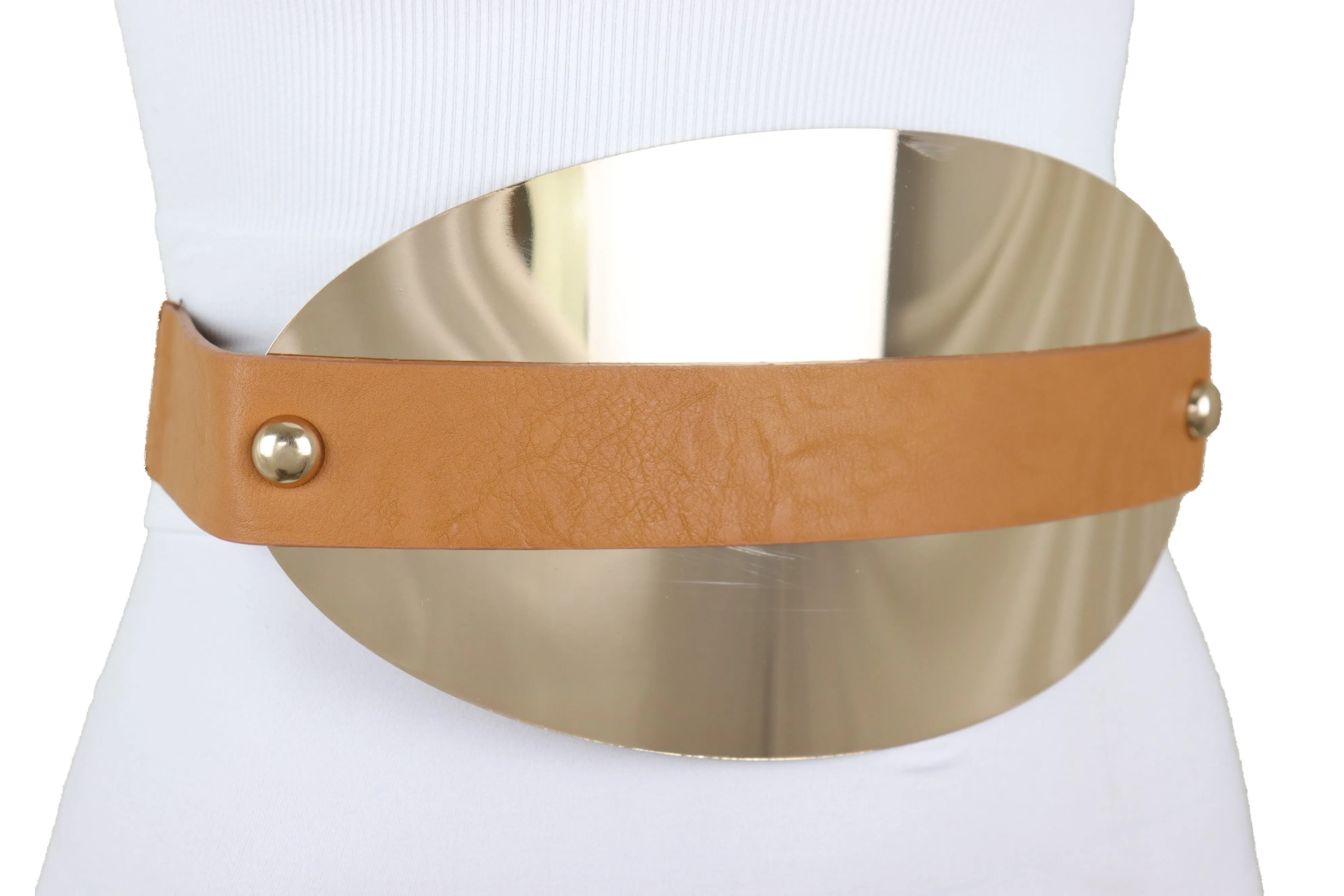 Brown Elastic Band Wide Belt Hip High Waist Oval Gold Metal Plate Size S M