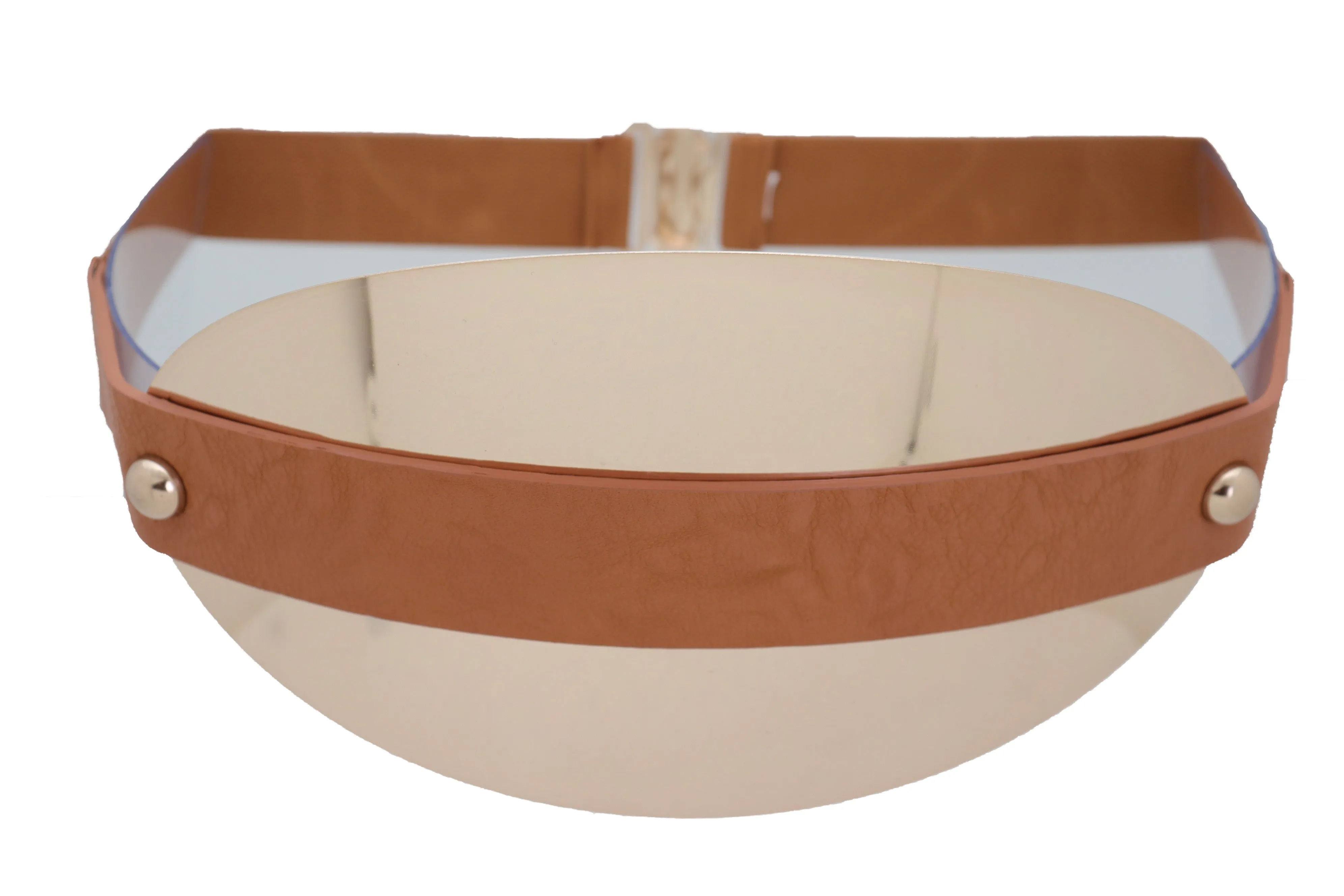 Brown Elastic Band Wide Belt Hip High Waist Oval Gold Metal Plate Size S M