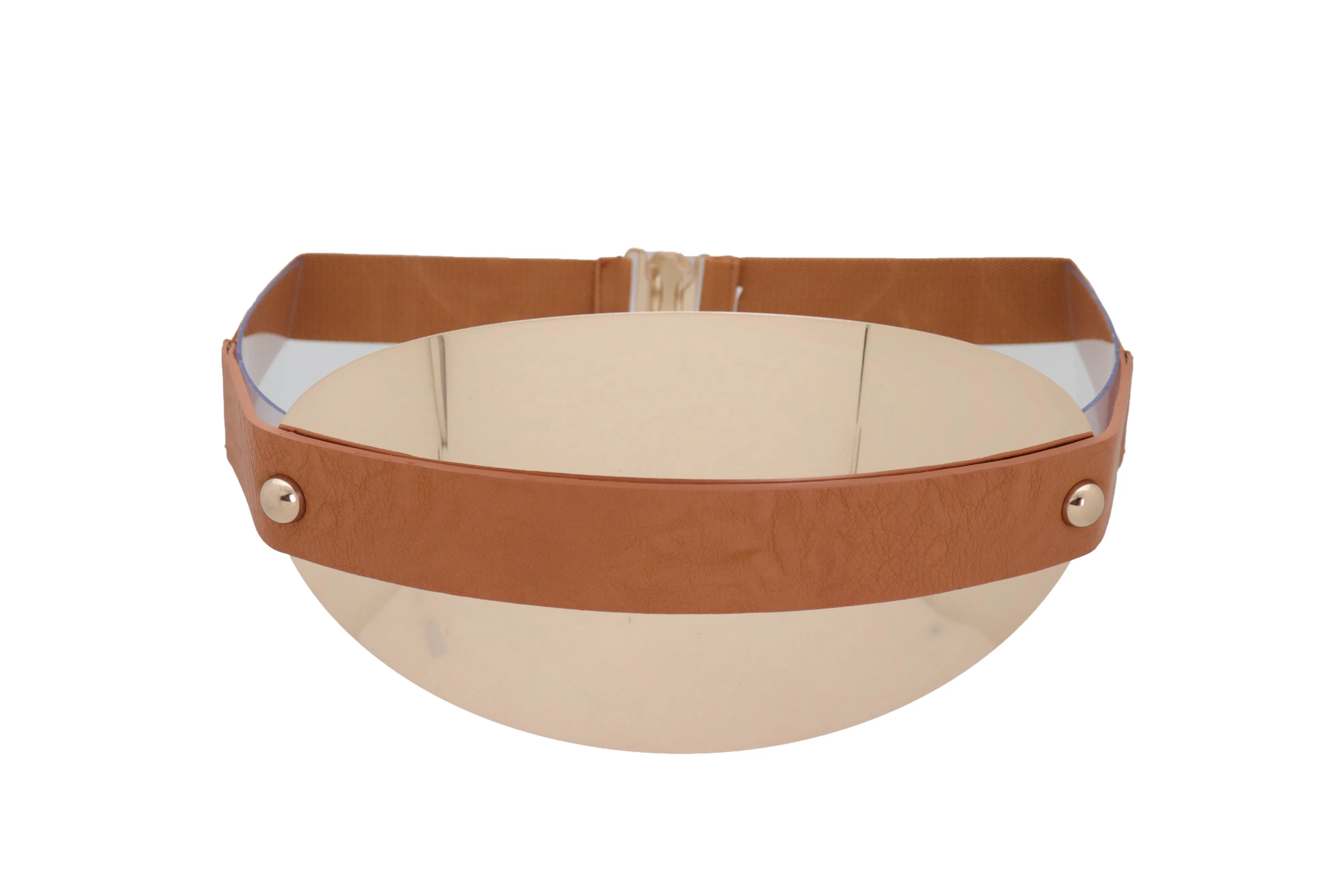 Brown Elastic Band Wide Belt Hip High Waist Oval Gold Metal Plate Size S M