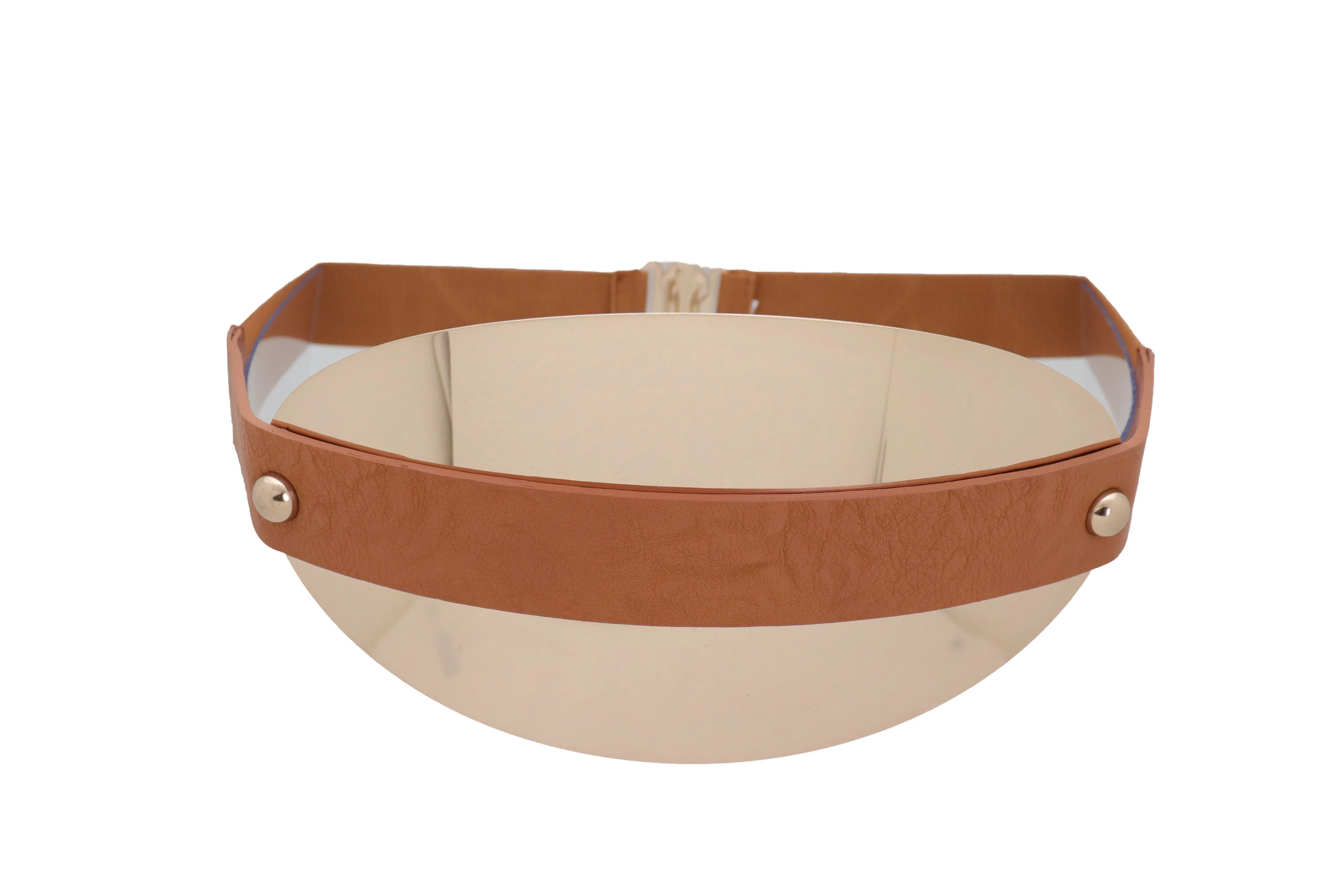 Brown Elastic Band Wide Belt Hip High Waist Oval Gold Metal Plate Size S M