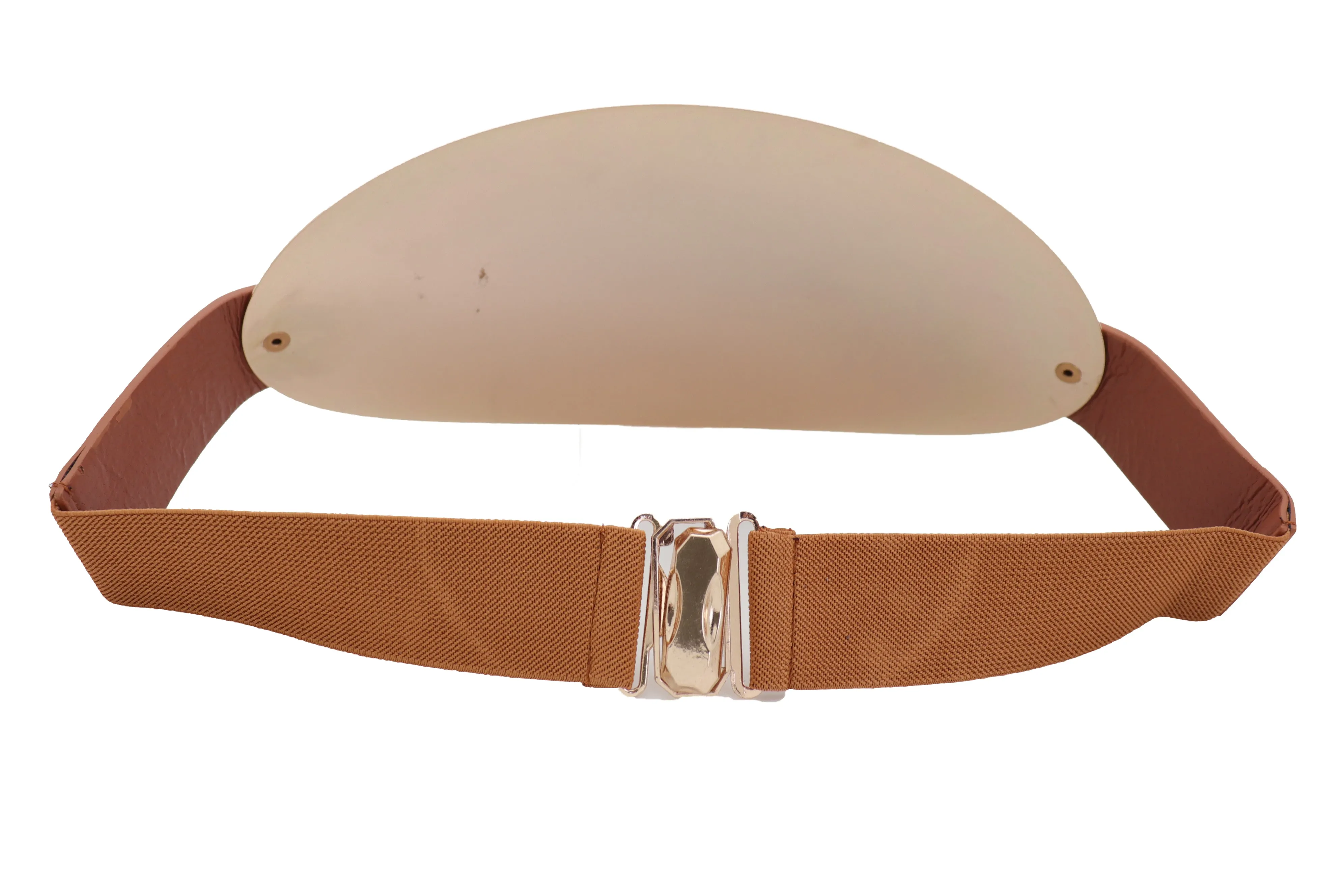 Brown Elastic Band Wide Belt Hip High Waist Oval Gold Metal Plate Size S M