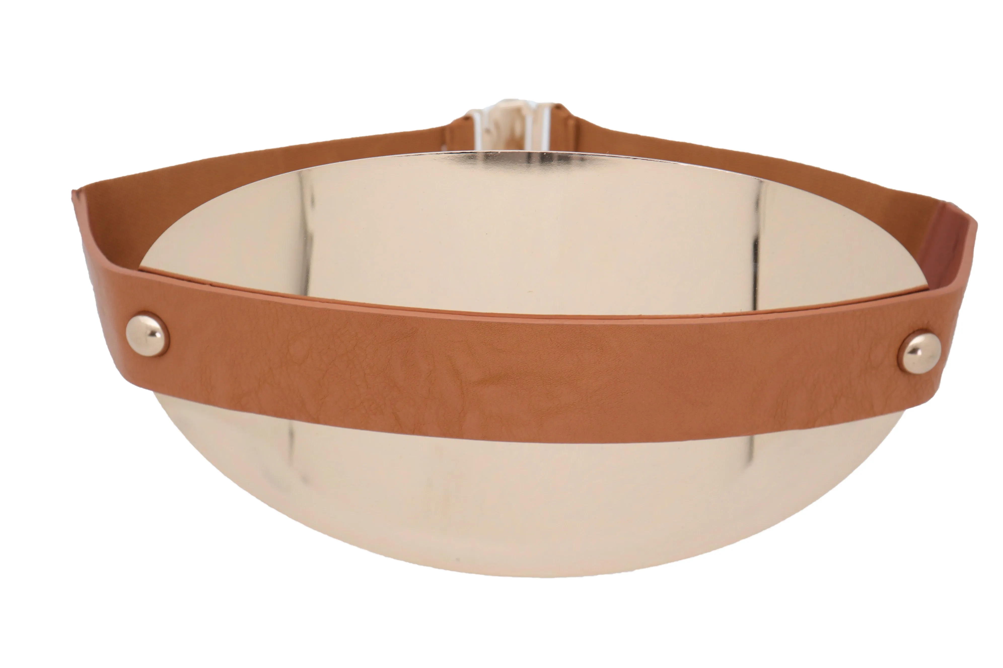 Brown Elastic Band Wide Belt Hip High Waist Oval Gold Metal Plate Size S M