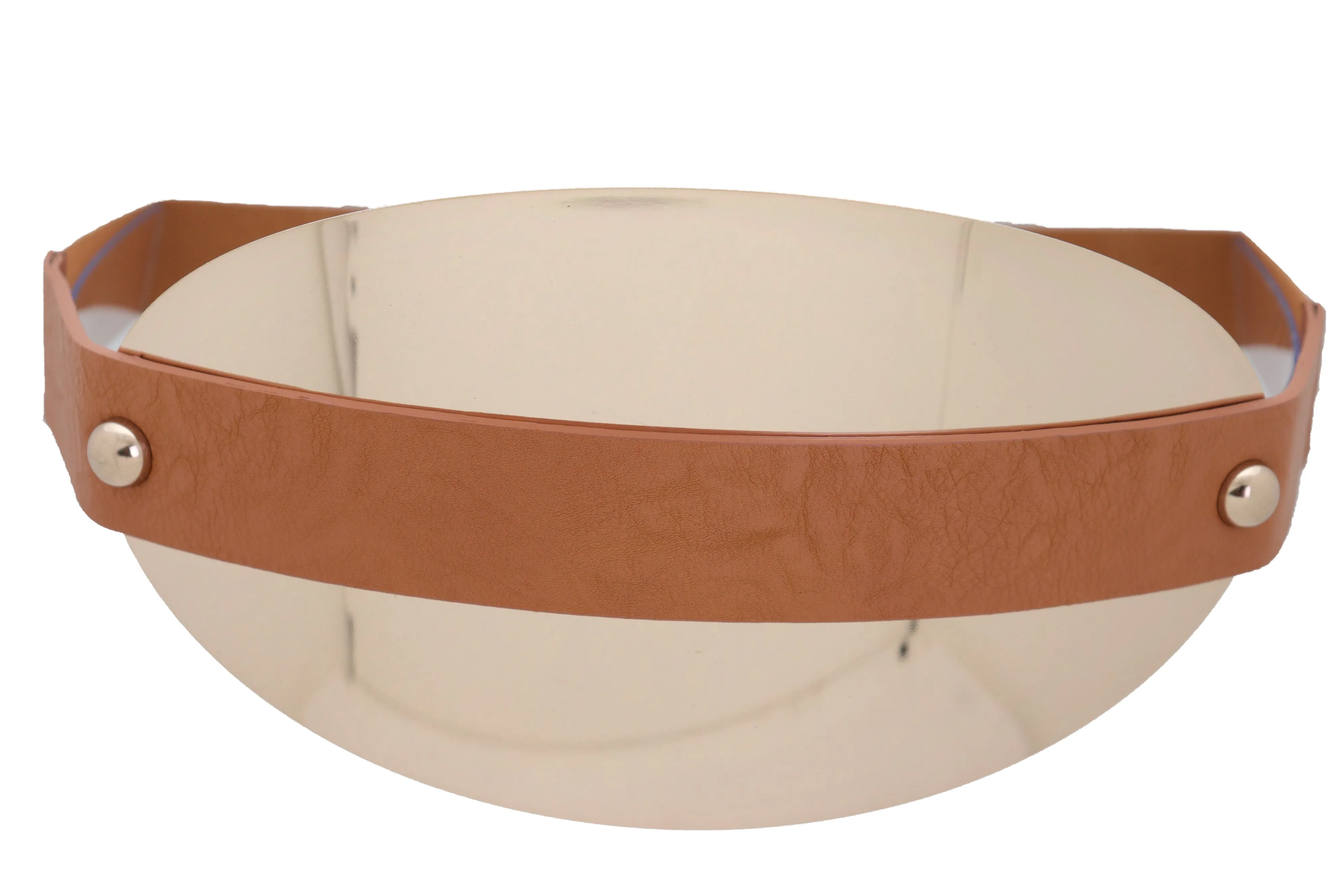 Brown Elastic Band Wide Belt Hip High Waist Oval Gold Metal Plate Size S M