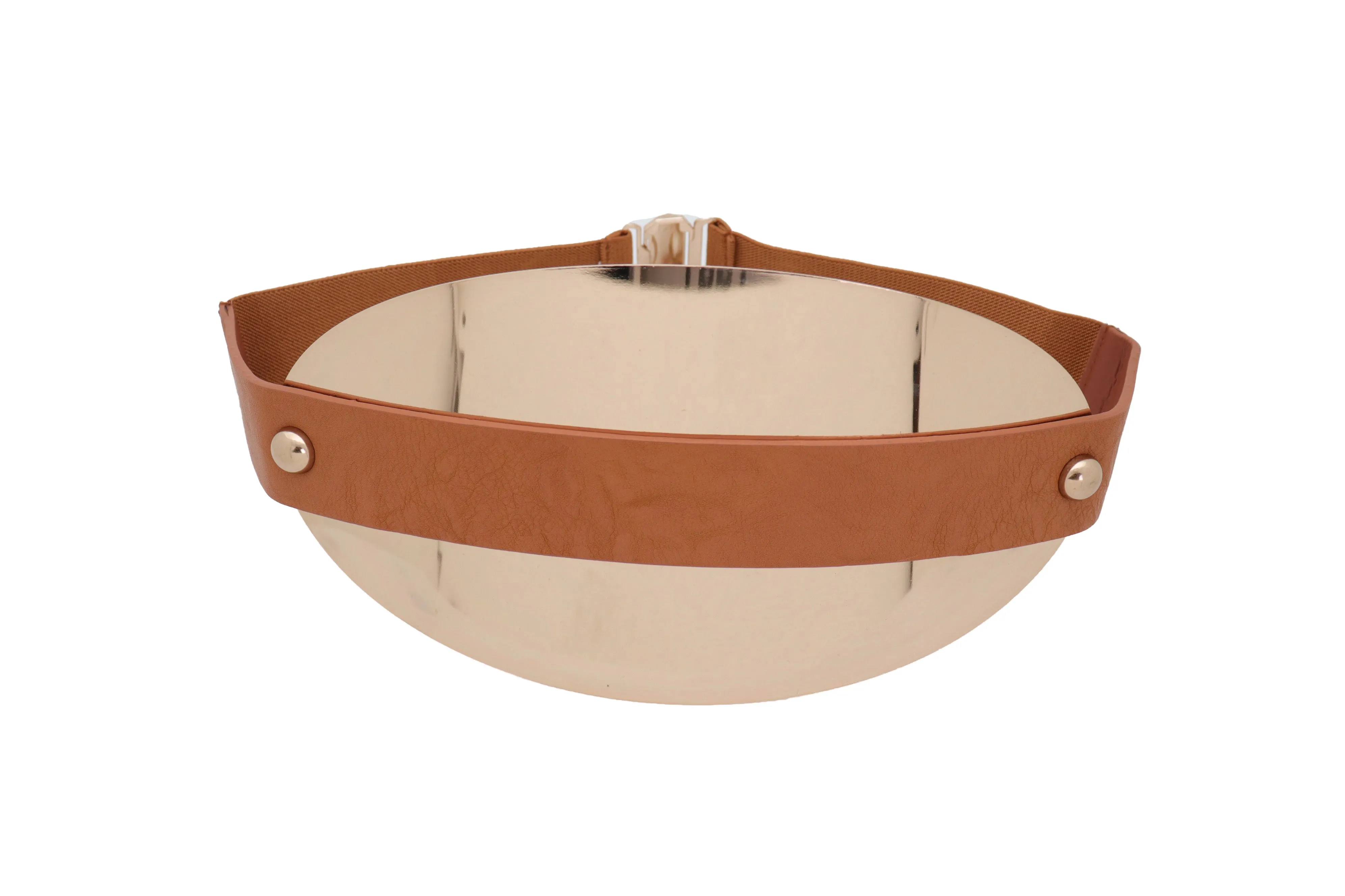 Brown Elastic Band Wide Belt Hip High Waist Oval Gold Metal Plate Size S M