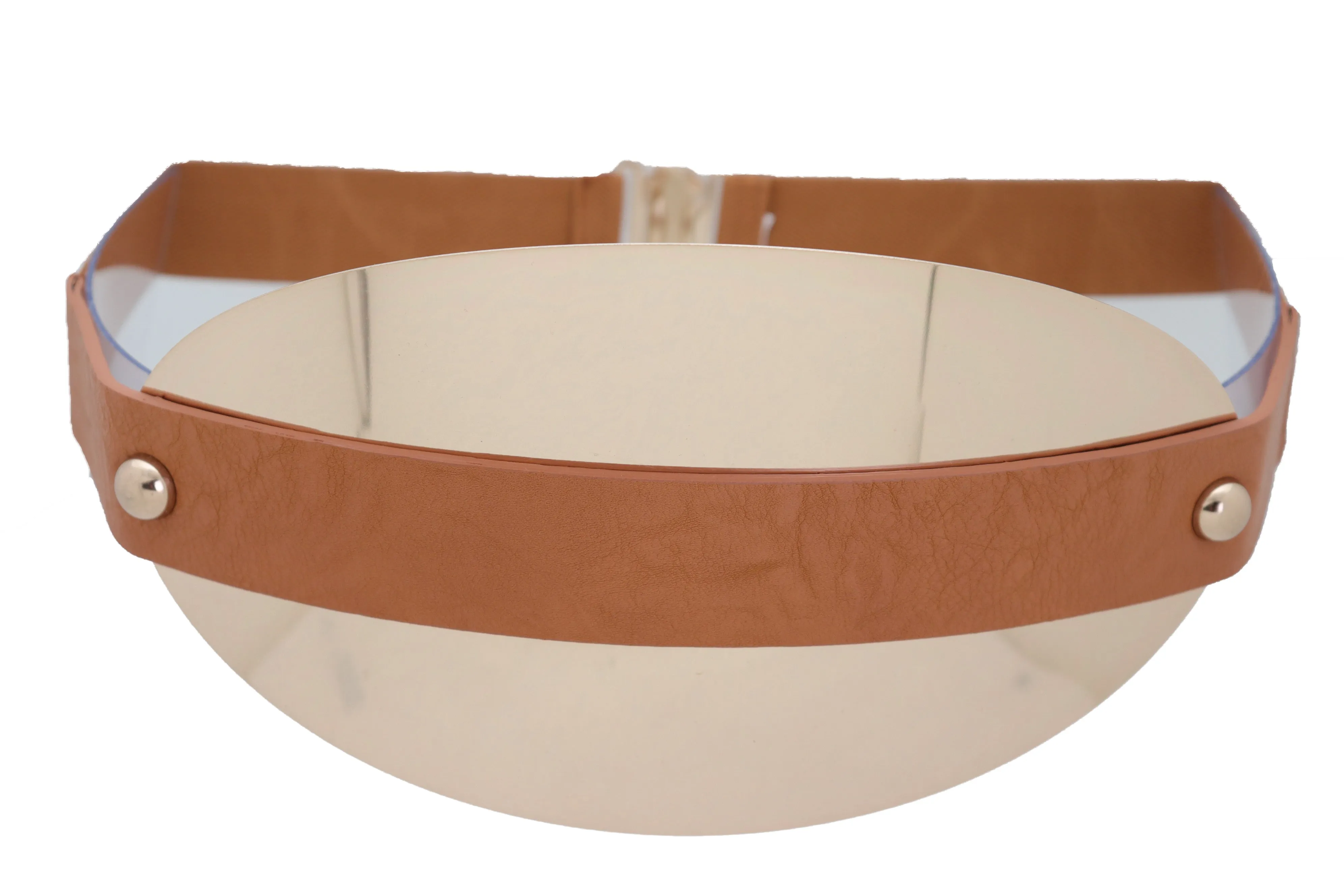 Brown Elastic Band Wide Belt Hip High Waist Oval Gold Metal Plate Size S M