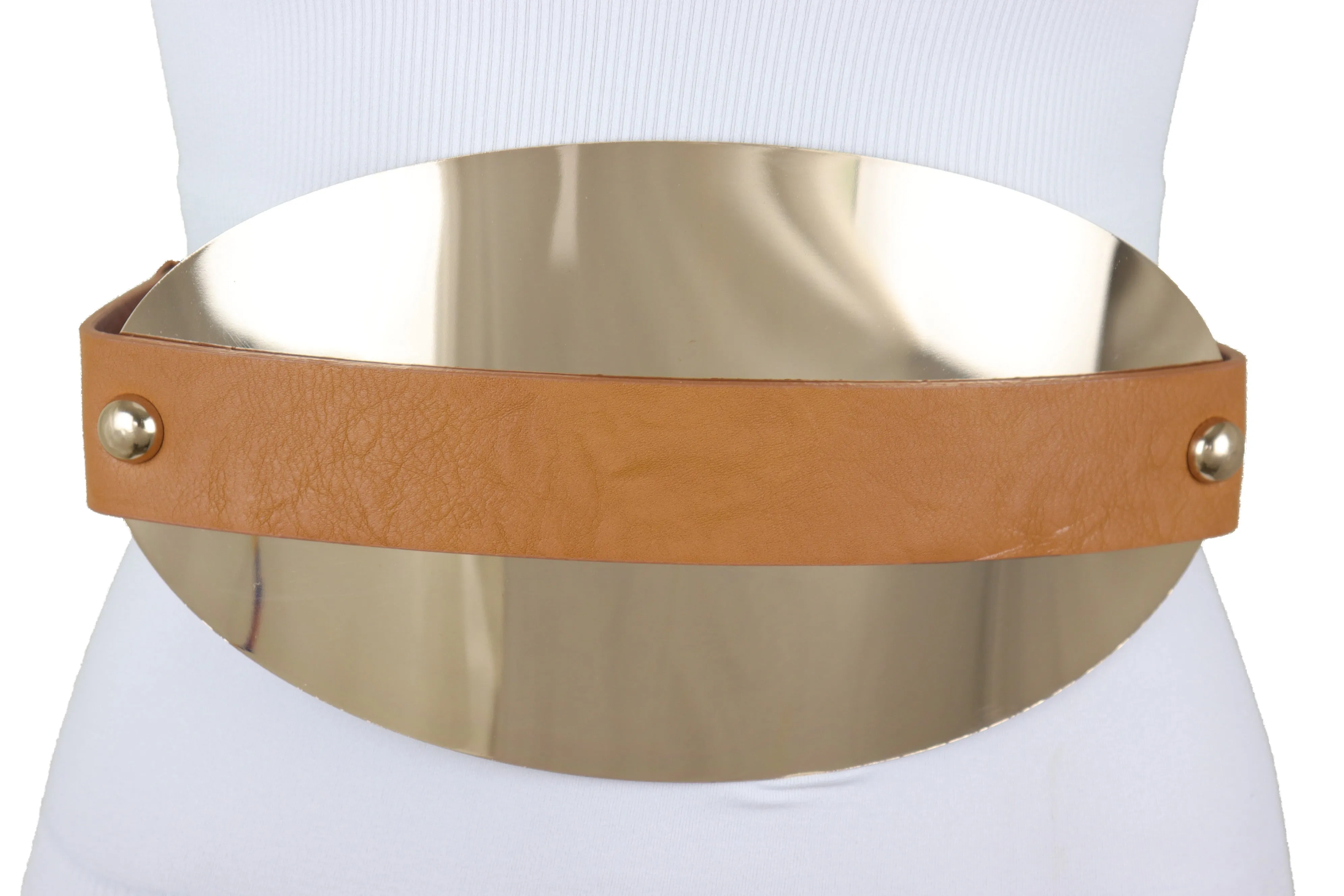 Brown Elastic Band Wide Belt Hip High Waist Oval Gold Metal Plate Size S M