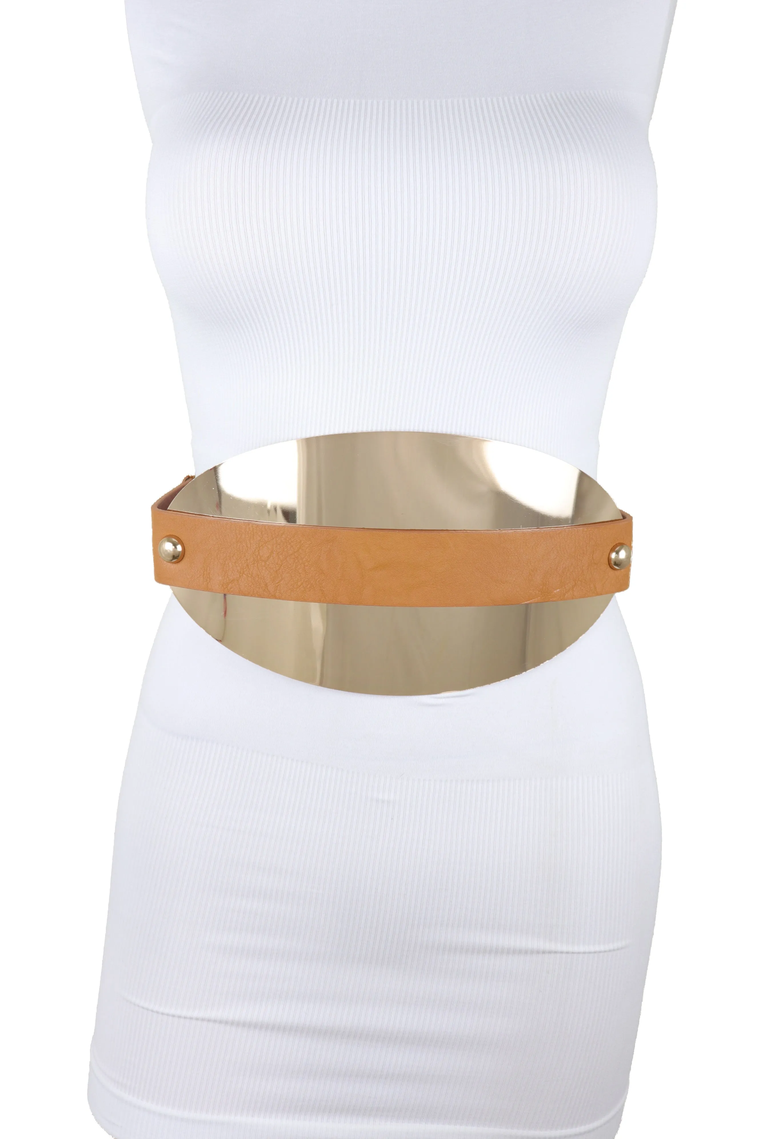 Brown Elastic Band Wide Belt Hip High Waist Oval Gold Metal Plate Size S M