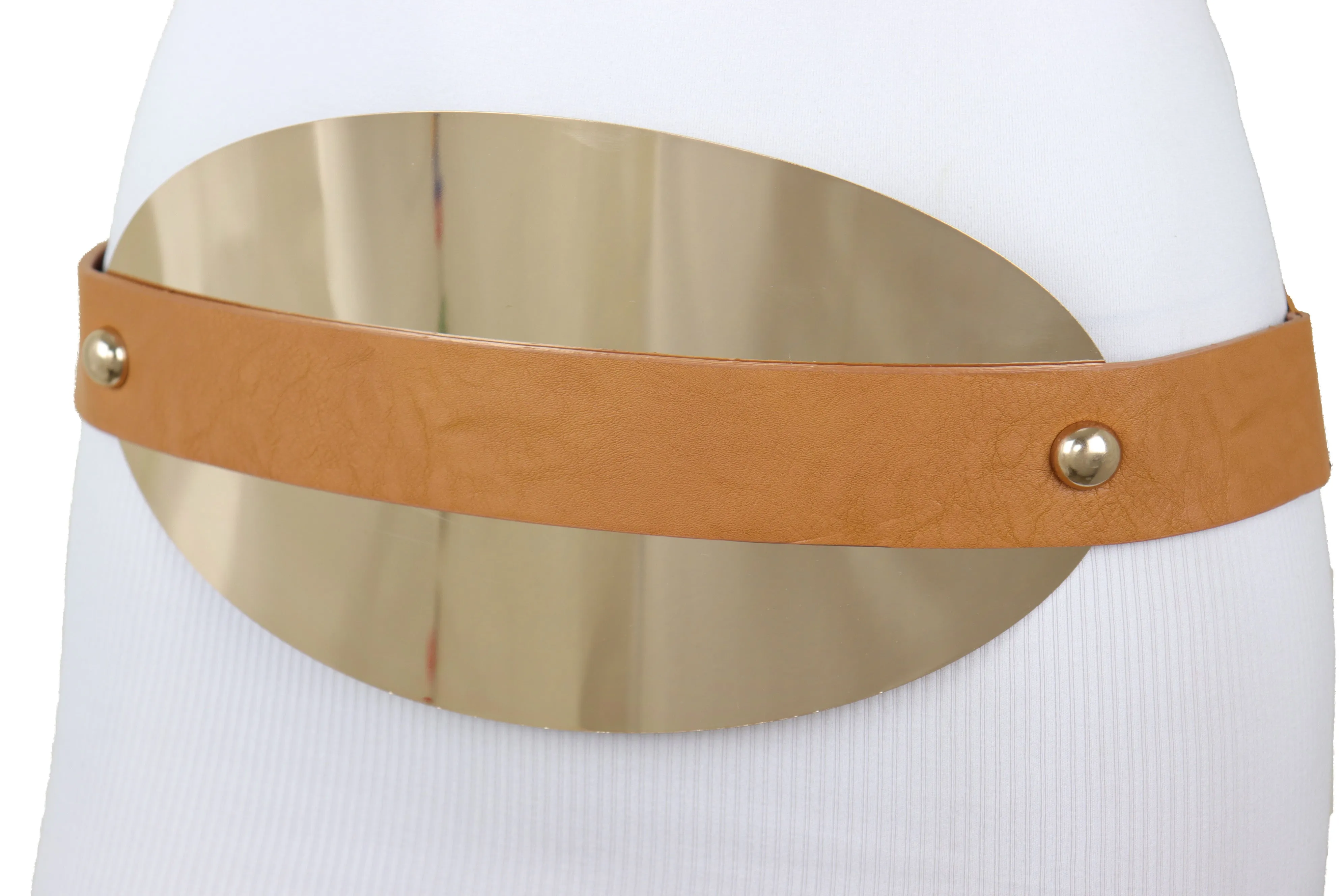 Brown Elastic Band Wide Belt Hip High Waist Oval Gold Metal Plate Size S M