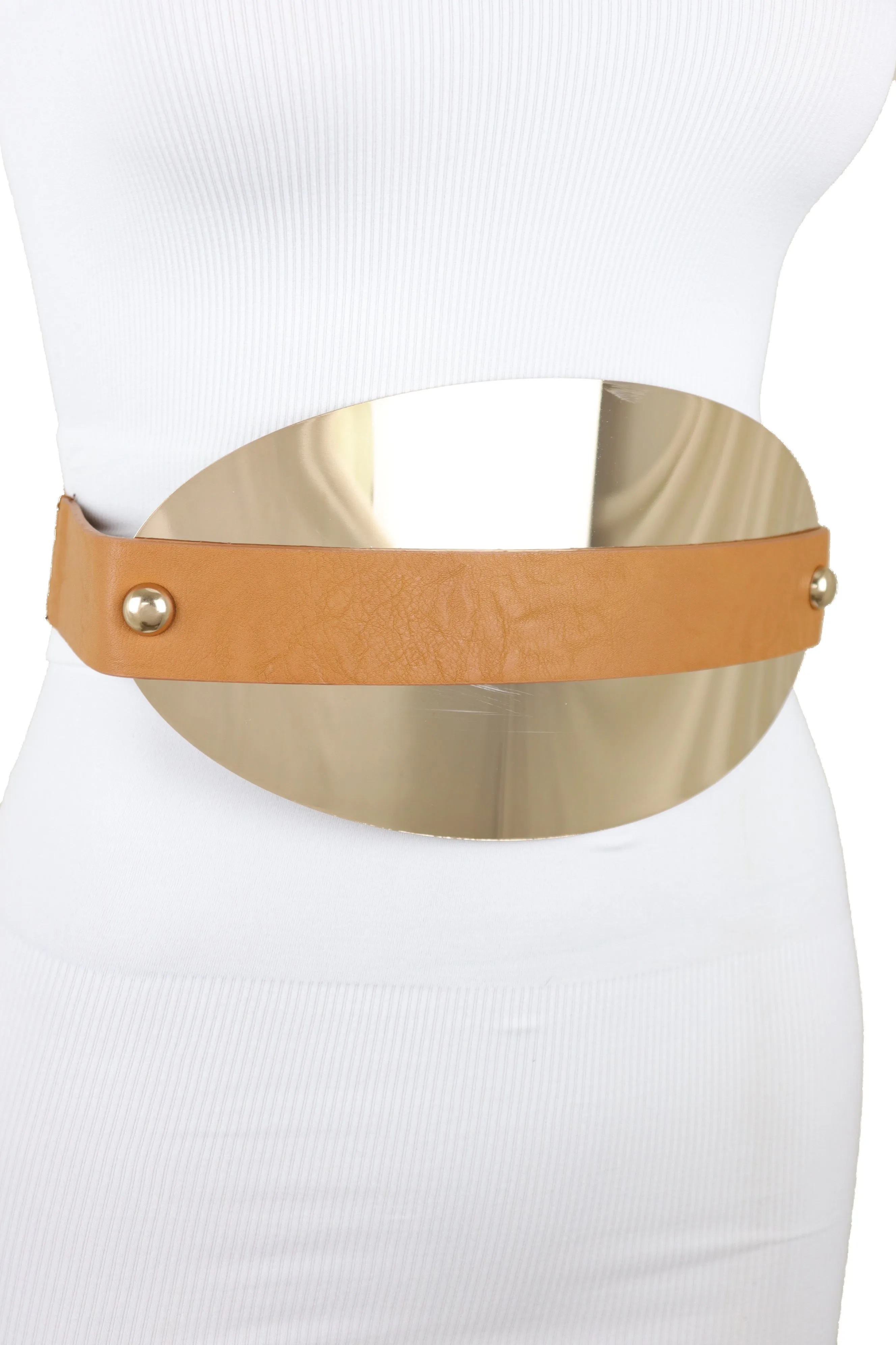 Brown Elastic Band Wide Belt Hip High Waist Oval Gold Metal Plate Size S M