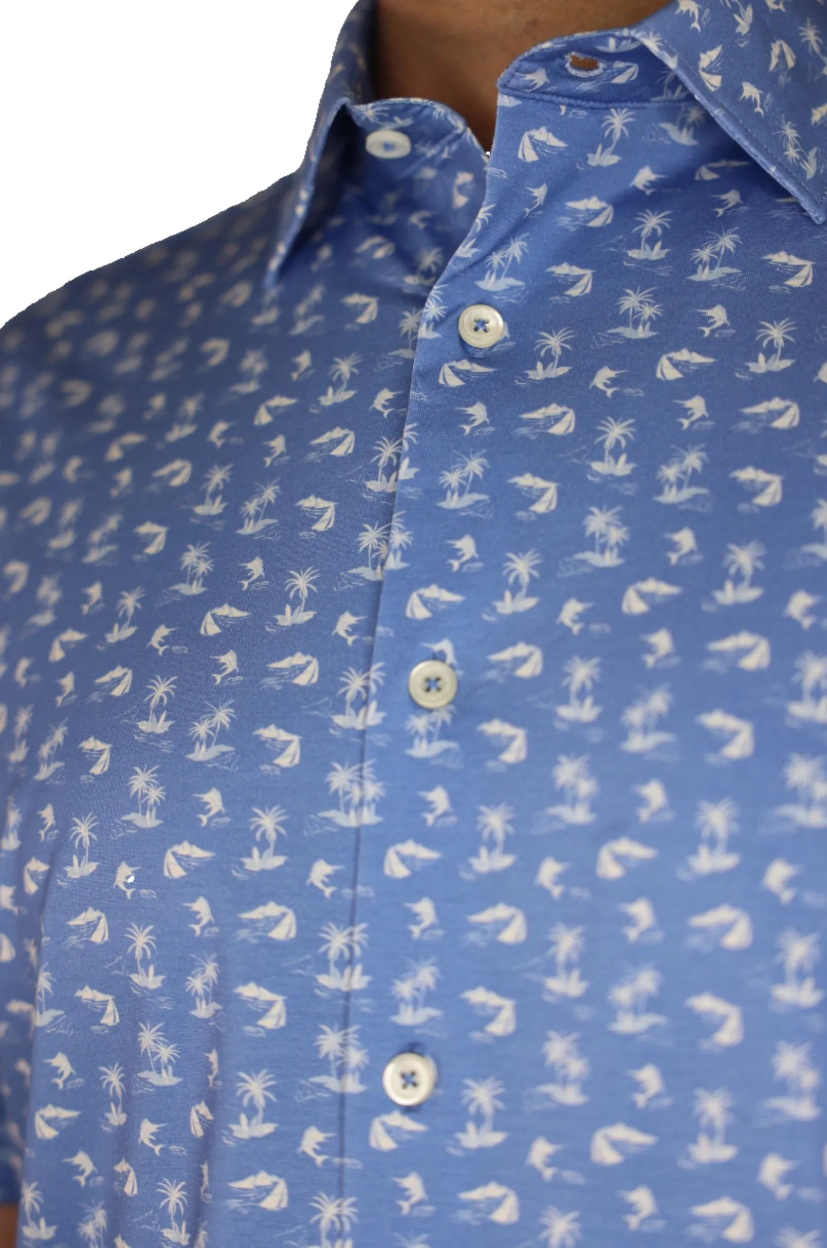 Bugatchi OoohCotton Stretch Island Print Short Sleeve Shirt